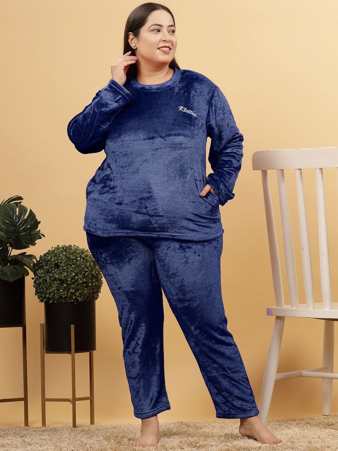 

KLOTTHE Women Plus Size Solid Woolen Night Suit, Blue