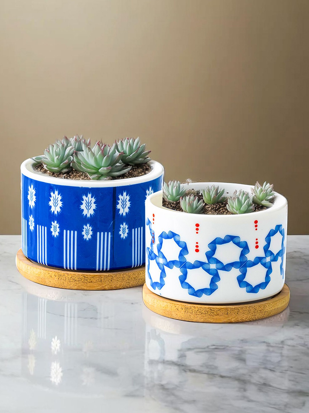 

Ekhasa Blue & White 2 Pieces Printed Ceramic Succulent Planters With Saucer