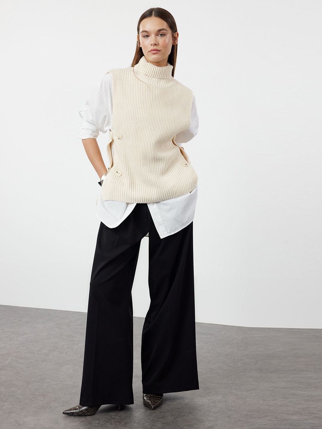 

Trendyol Women Cable Knit Ribbed Longline Sweater Vest, Off white
