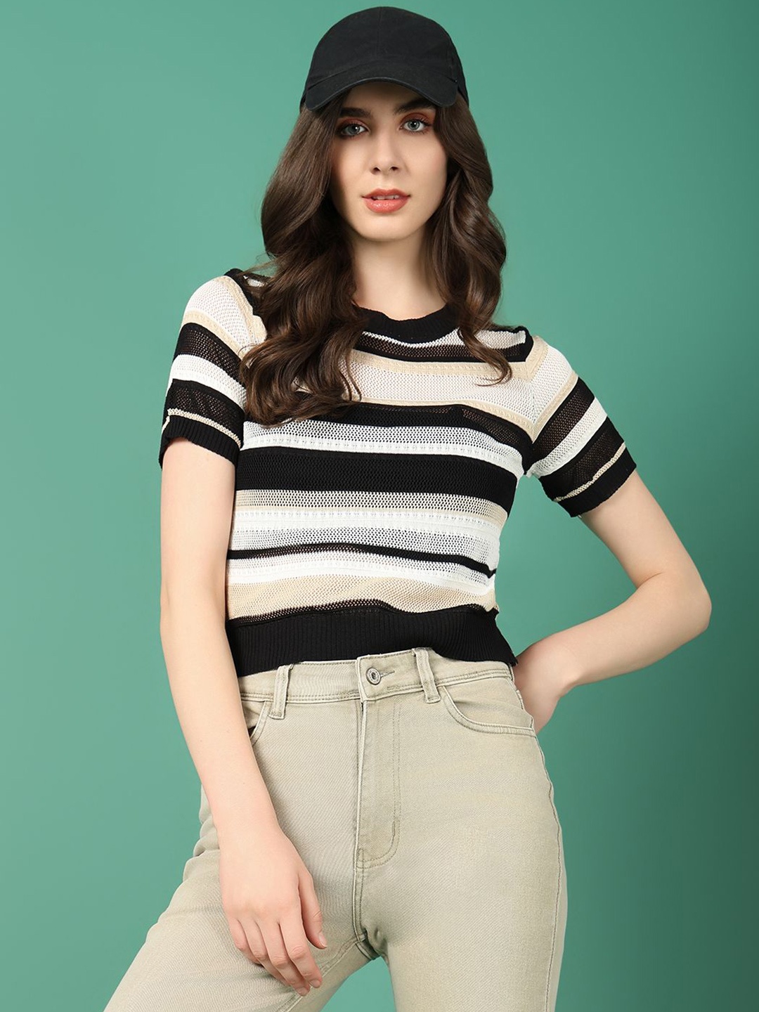 

SHOWOFF Striped Crochet Top, Black