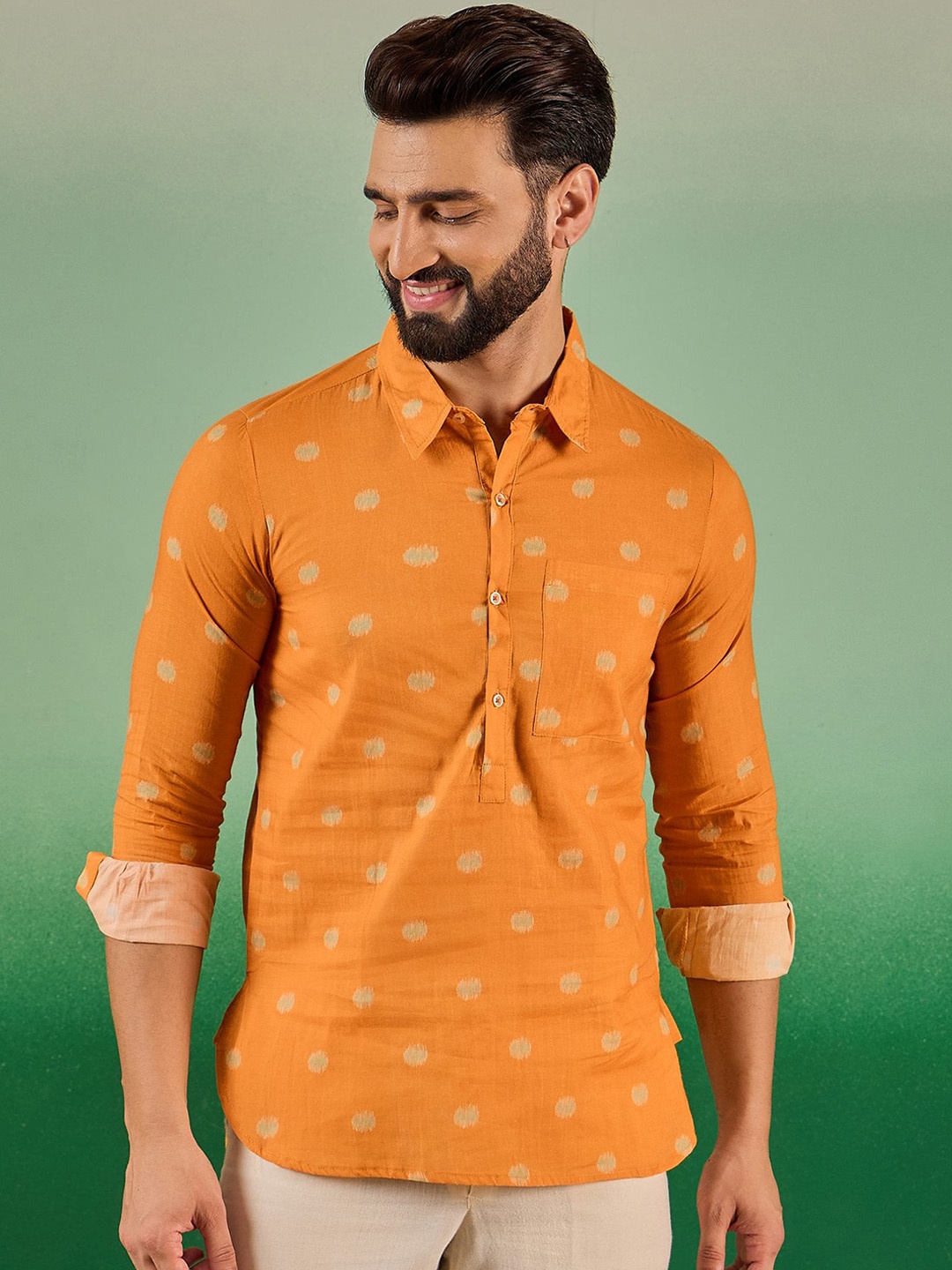 

Sangria Mustard Yellow Geometric Printed Shirt Collar Pure Cotton Straight Kurta