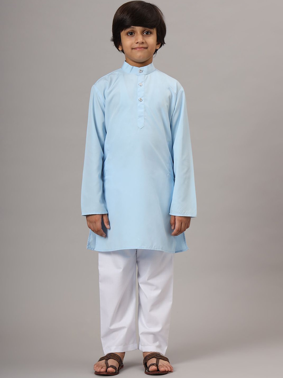 

TAHVO Boys Mandarin Collar Pastels Straight Kurta with Trousers, Blue