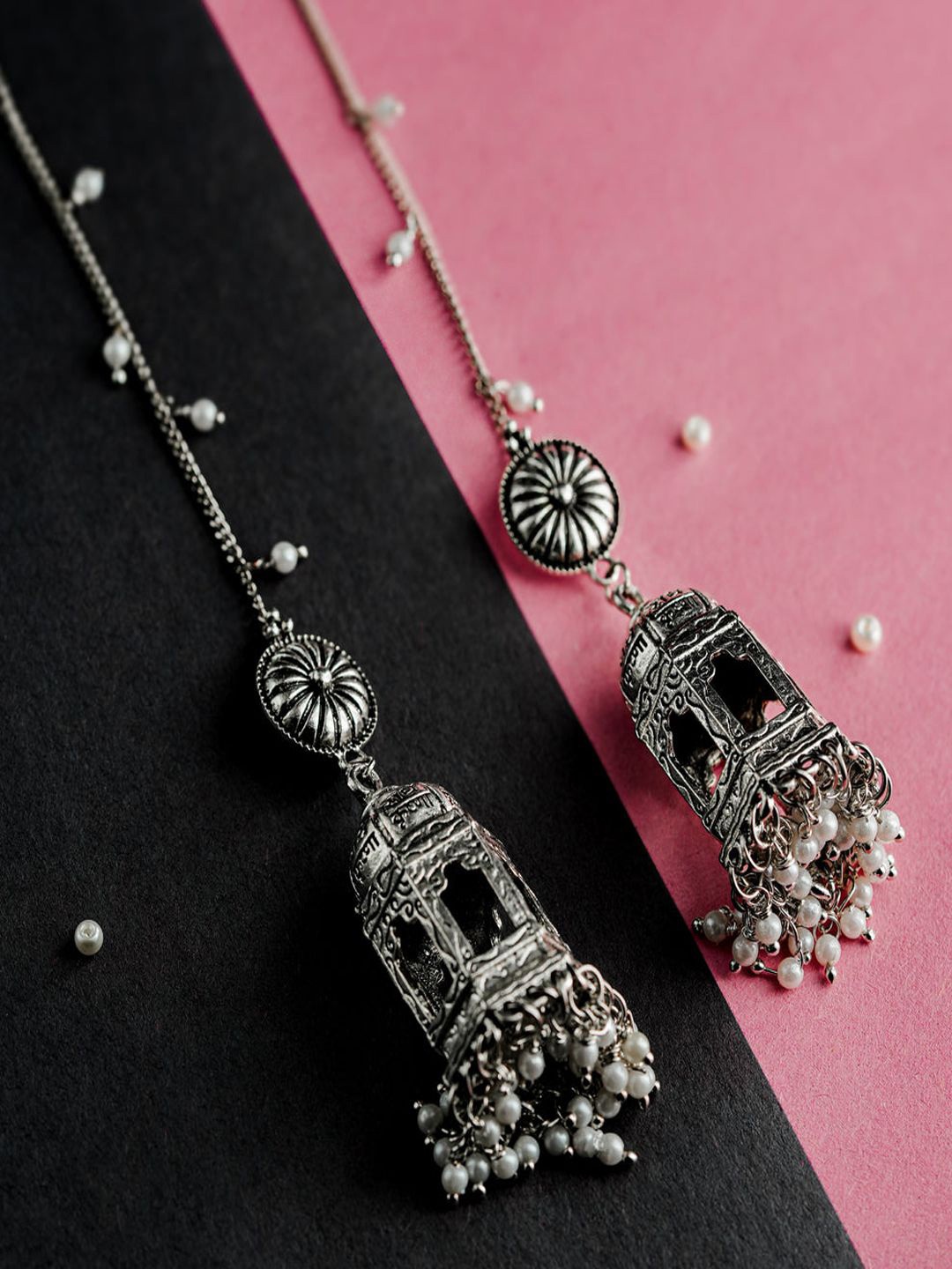 

Krelin Silver Plated Pearls Jhumkas With Chain