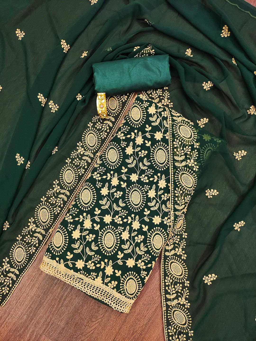 

Ishin Floral Embroidered Thread Work Silk Georgette Unstitched Dress Material, Green