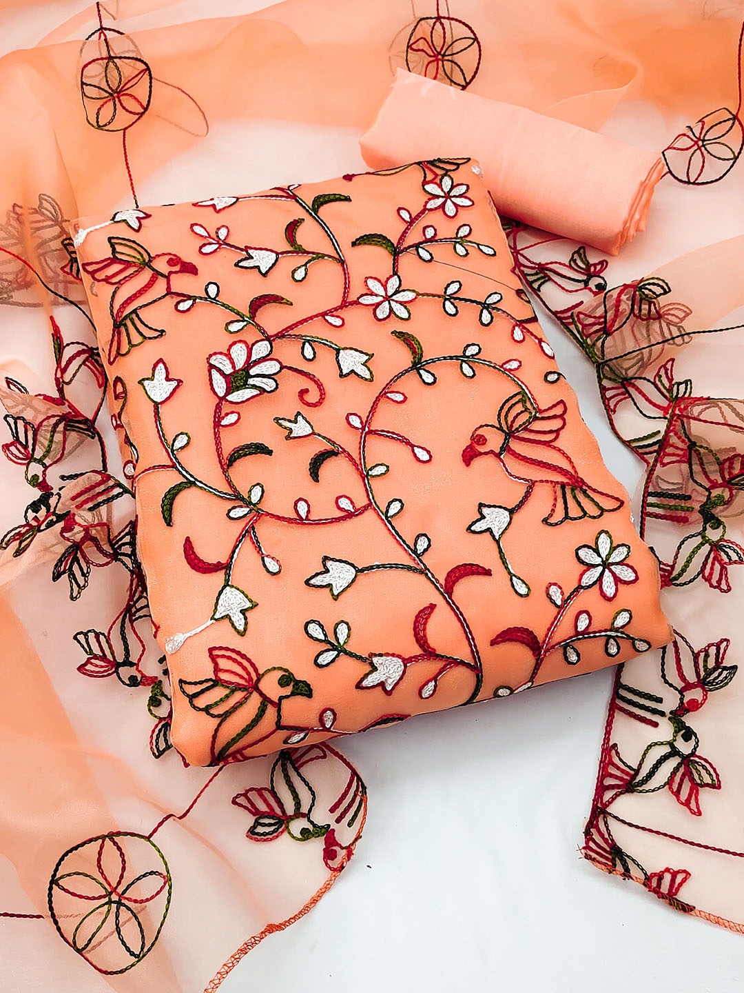 

Ishin Floral Embroidered Organza Unstitched Dress Material, Peach