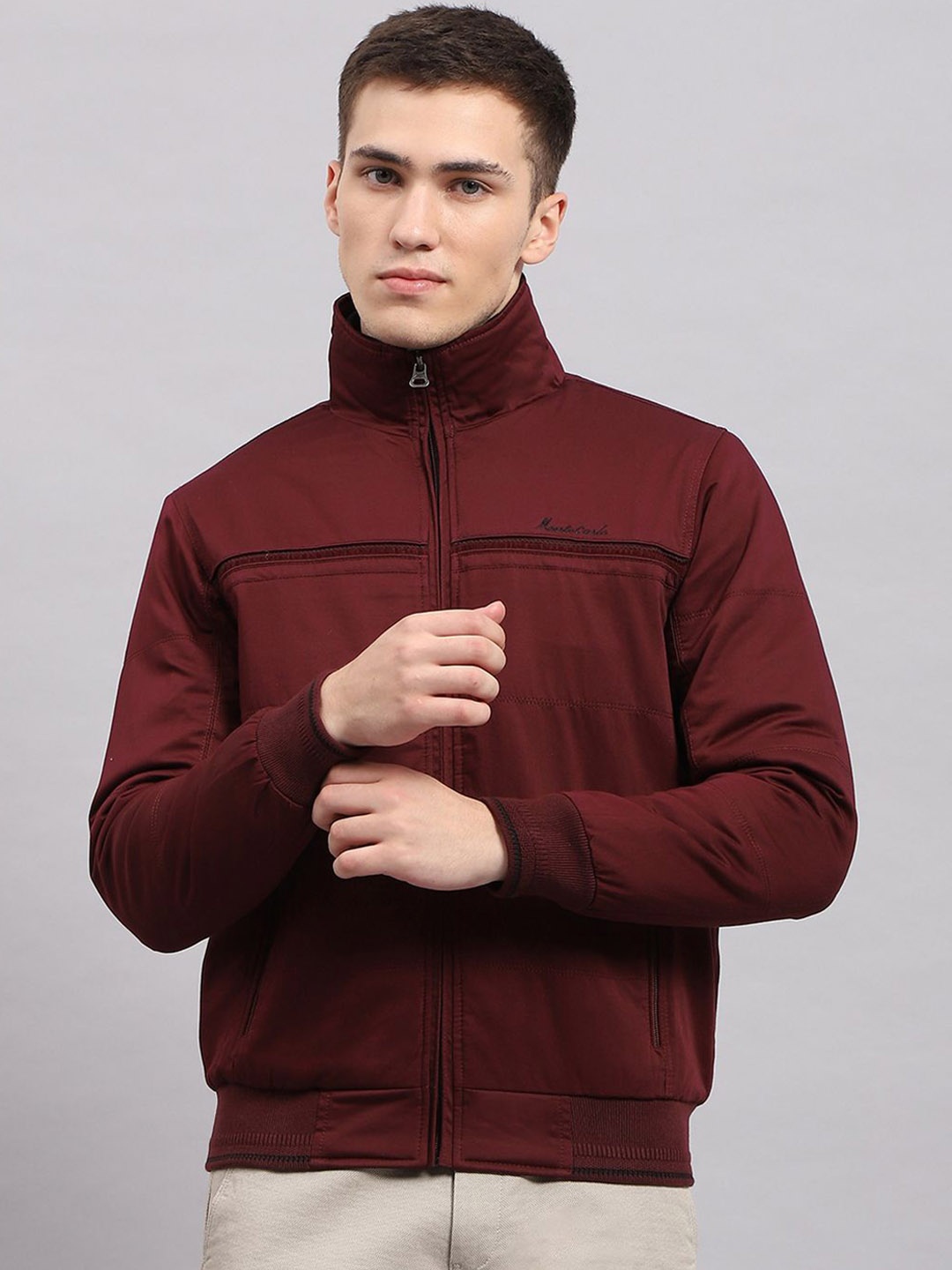 

Monte Carlo Men Solid Mock Collar Bomber Jacket, Maroon