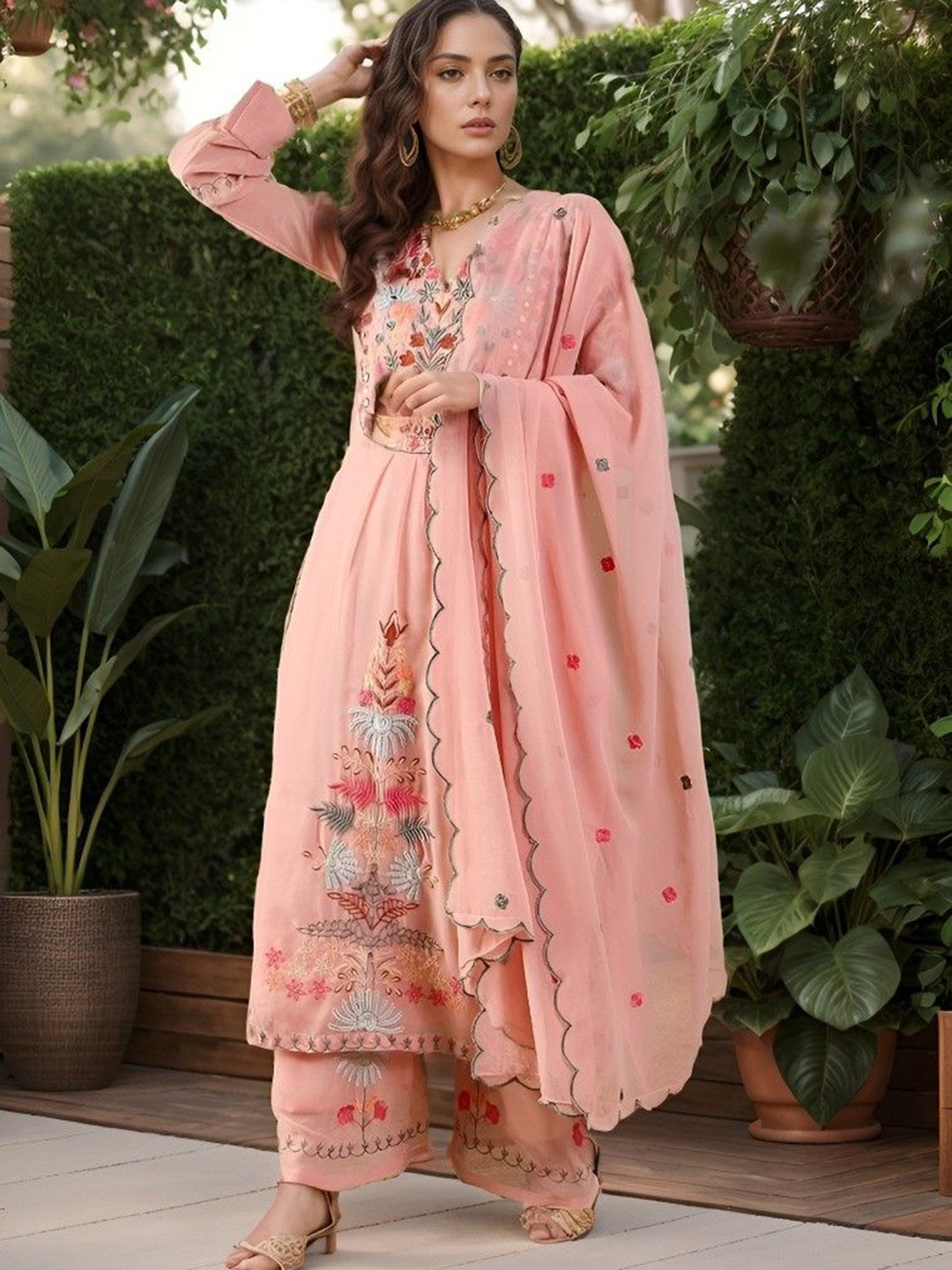 

KALINI Ethnic Motifs Embroidered Pleated Straight Kurta with Trousers & Dupatta, Pink