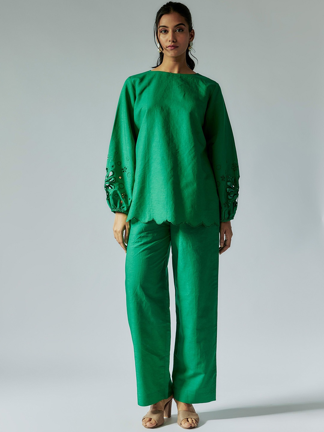 

Maisolos Round Neck Cotton Linen Top & Trousers, Green