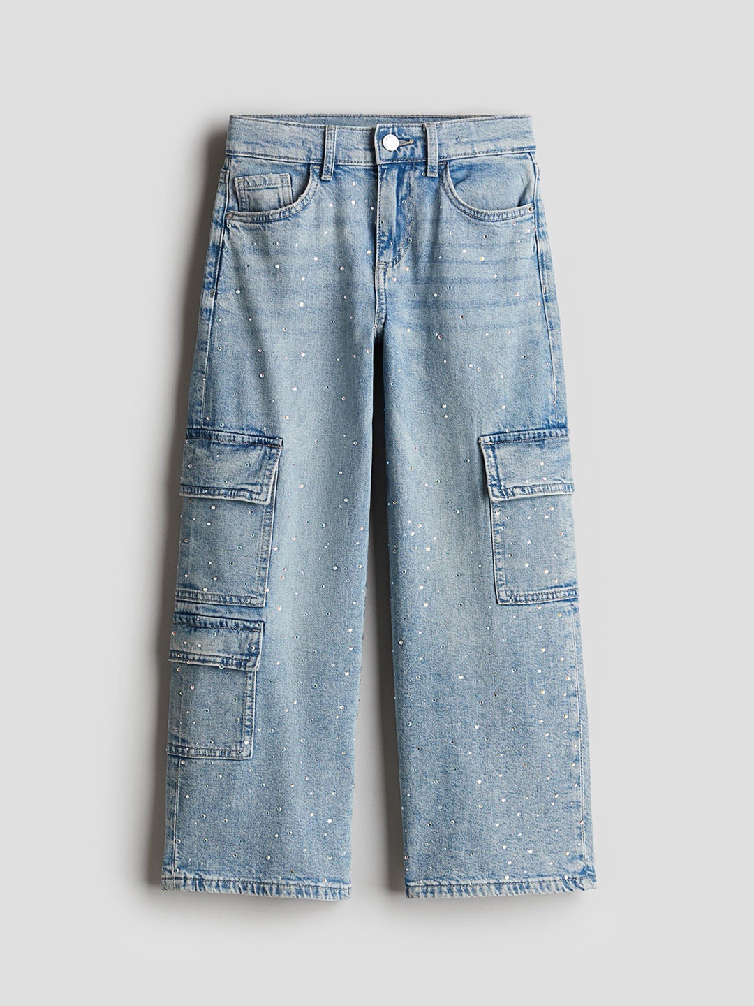 

H&M Girls Loose Fit Wide Leg Cargo Jeans, Blue