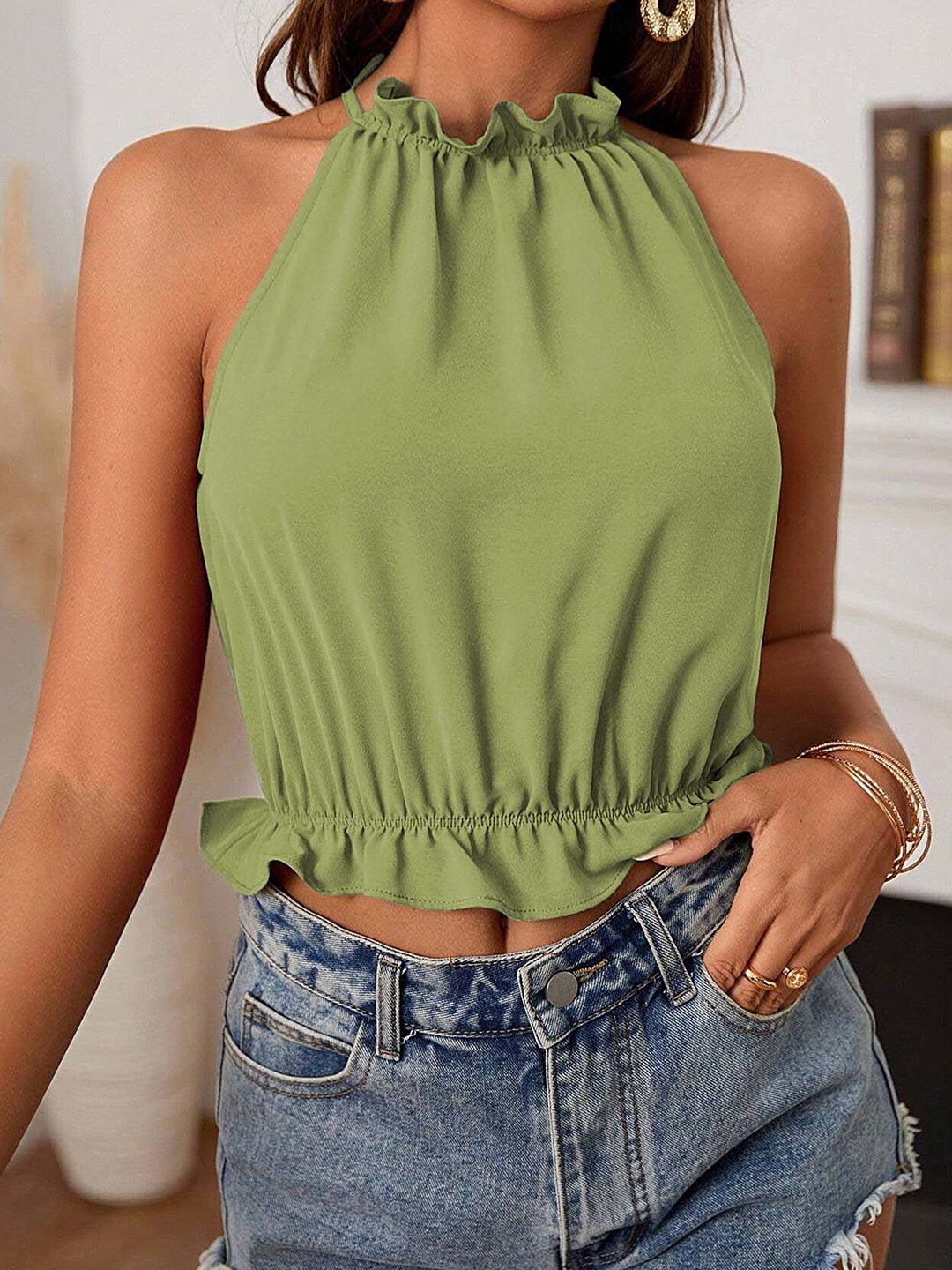 

LULU & SKY Halter Neck Blouson Top, Green