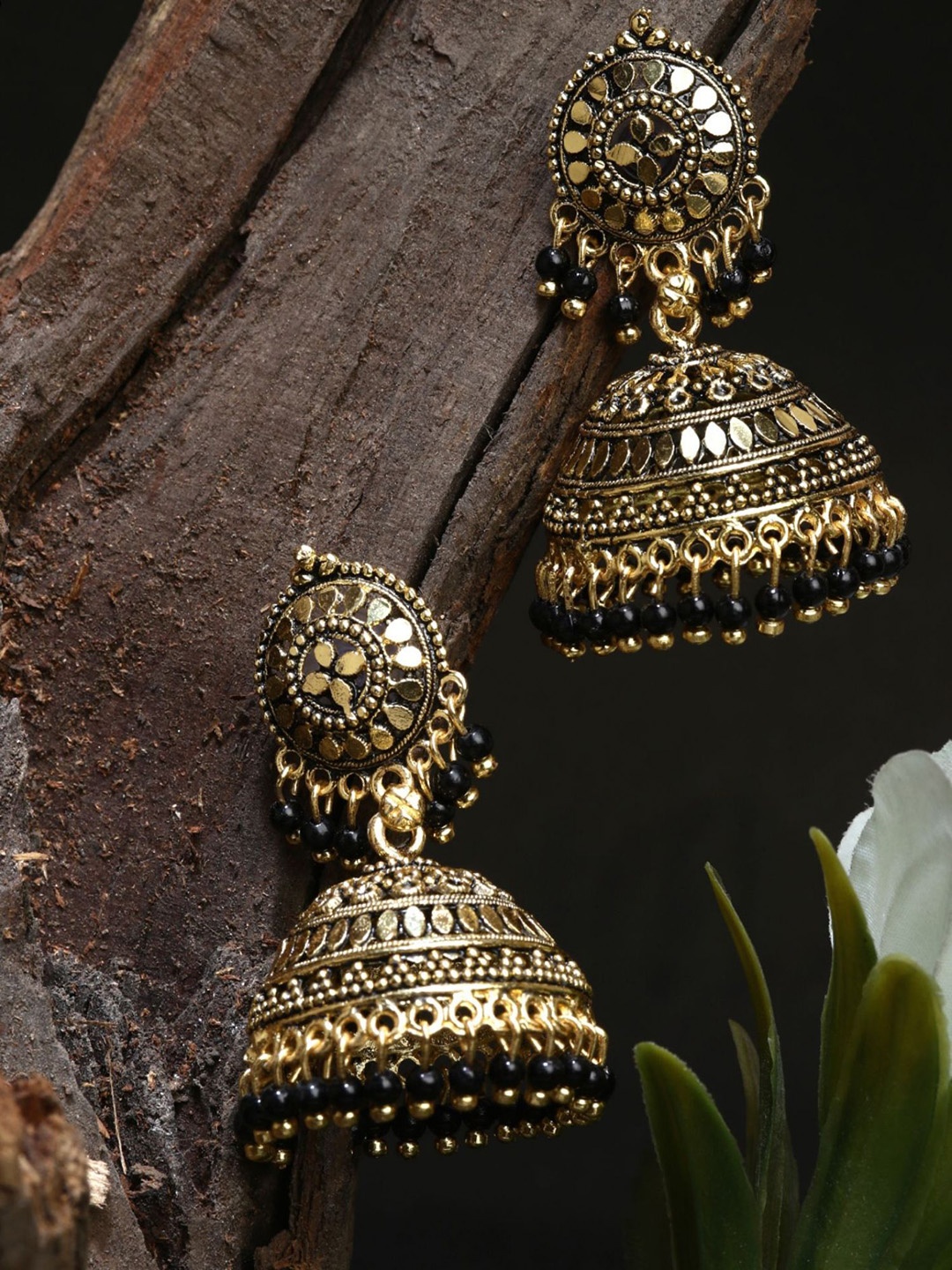 

ANIKAS CREATION Gold-Plated Artificial Beaded Dome Shaped Jhumkas, Black