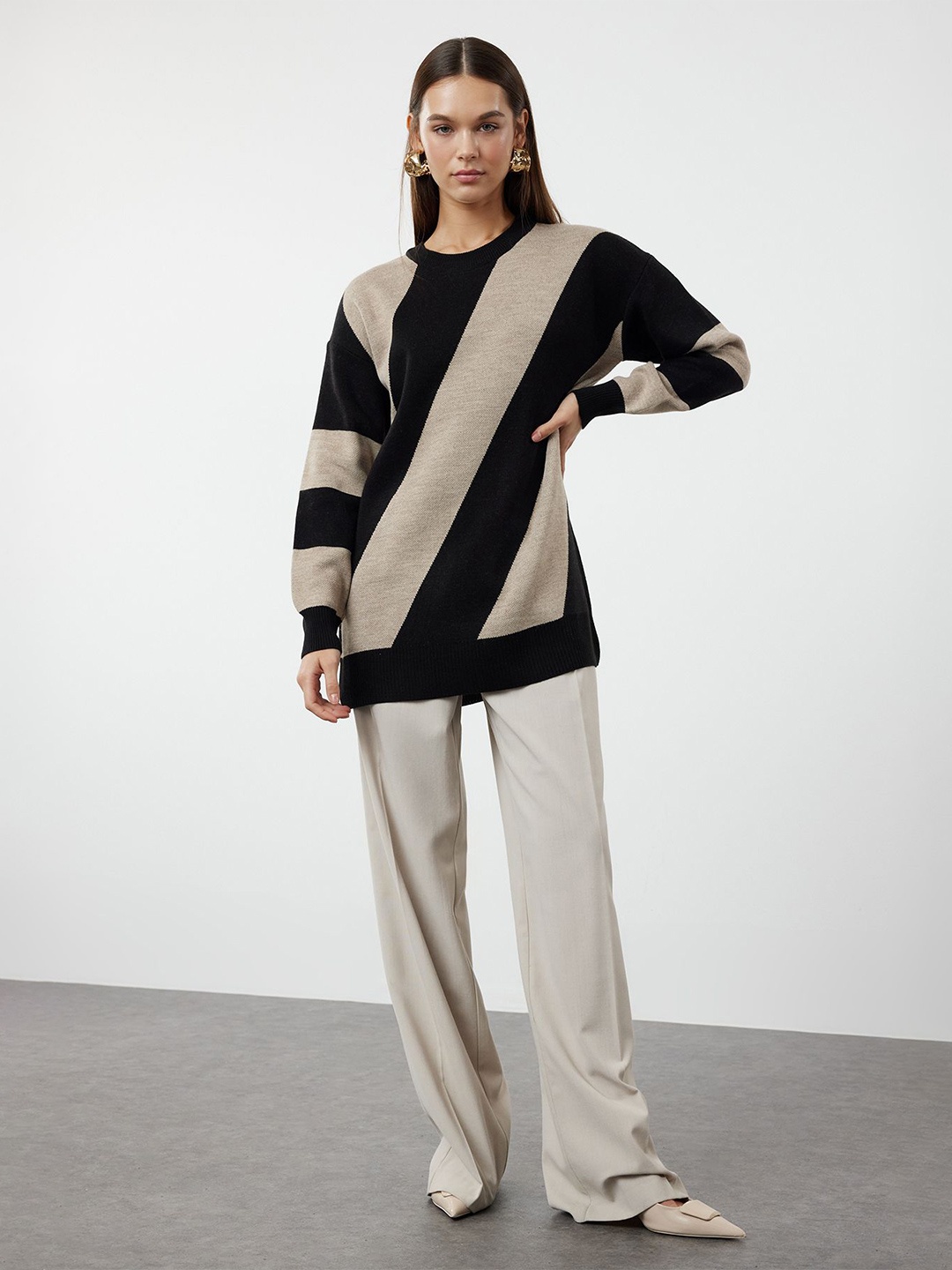 

Trendyol Women Striped Pullover, Brown