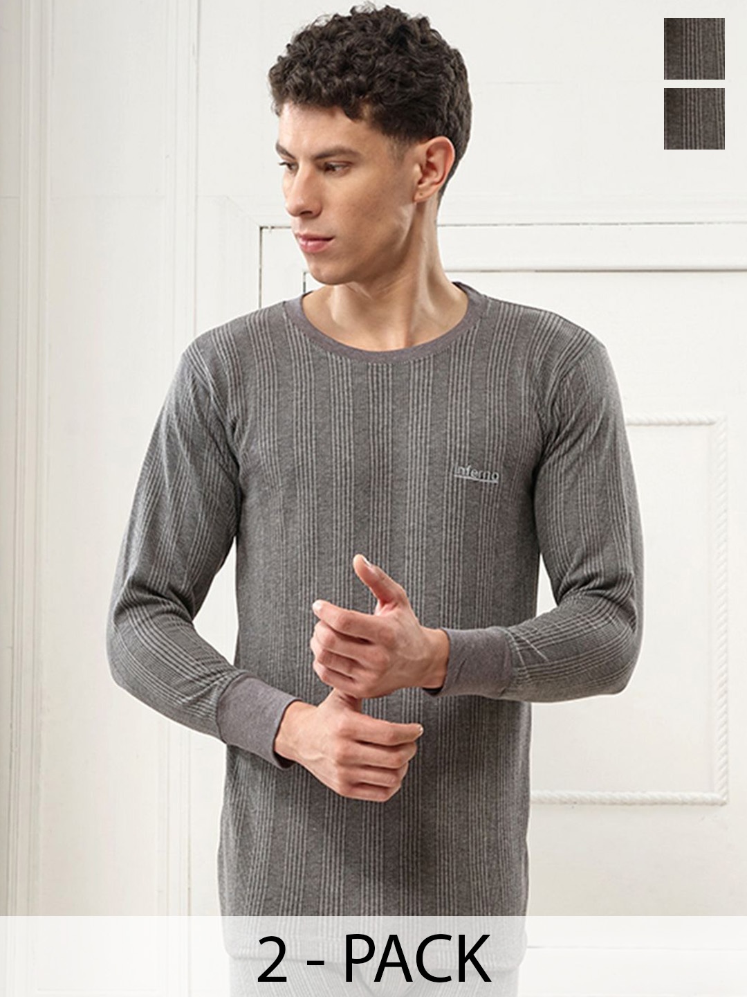

INFERNO Pack of 2 Men Crew Neck Thermal Tops, Charcoal