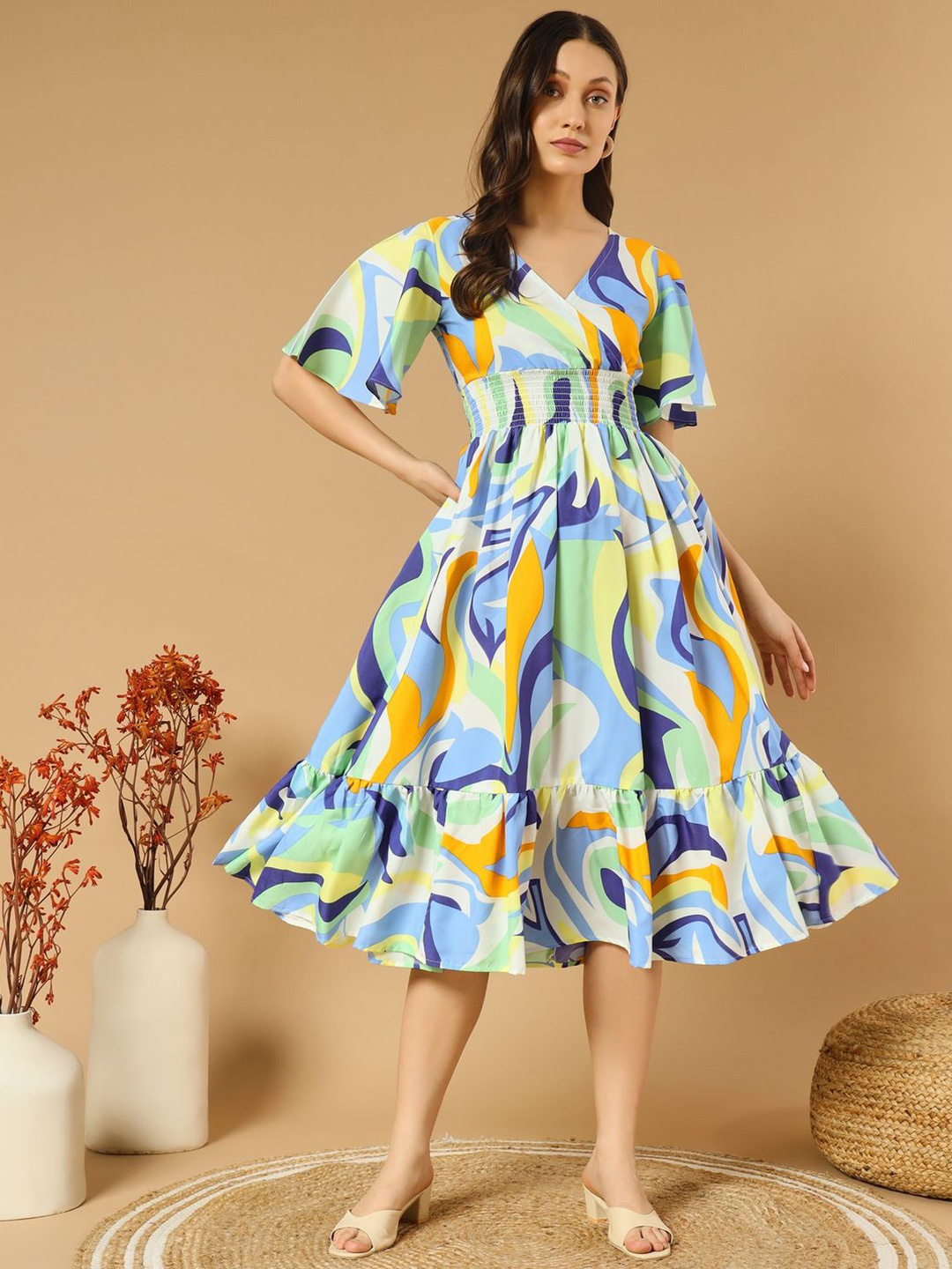 

OTABU Printed Tiered Wrap Midi Dress, Green