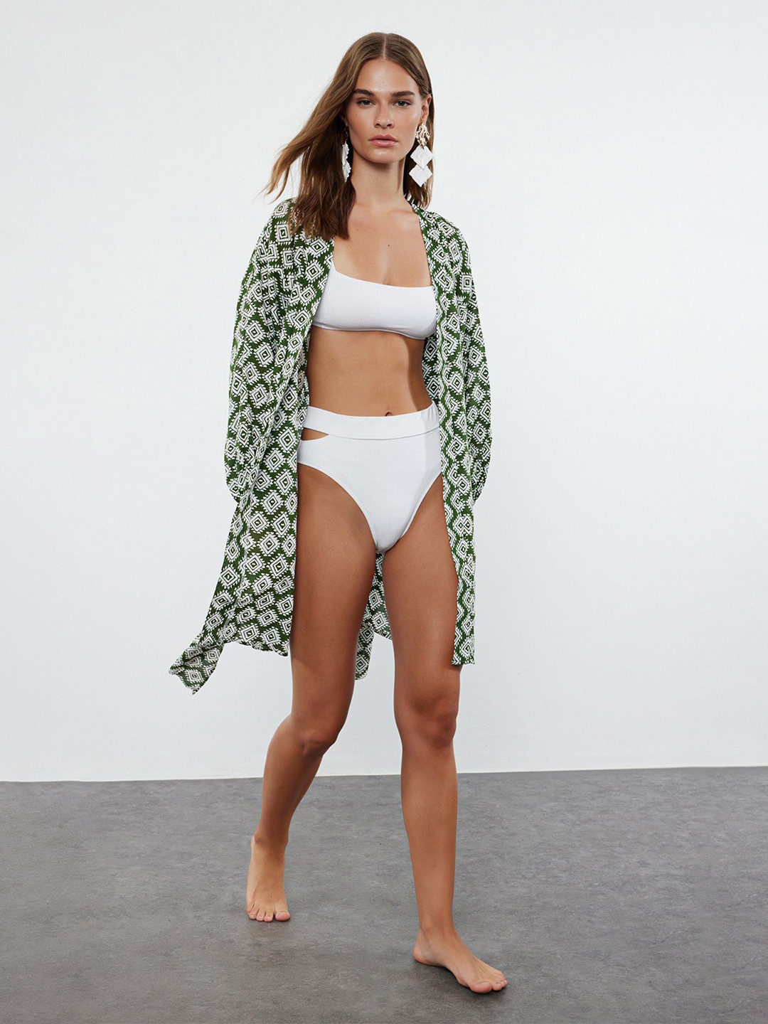 

Trendyol Printed Pure Cotton Swim Coverup Top, Green