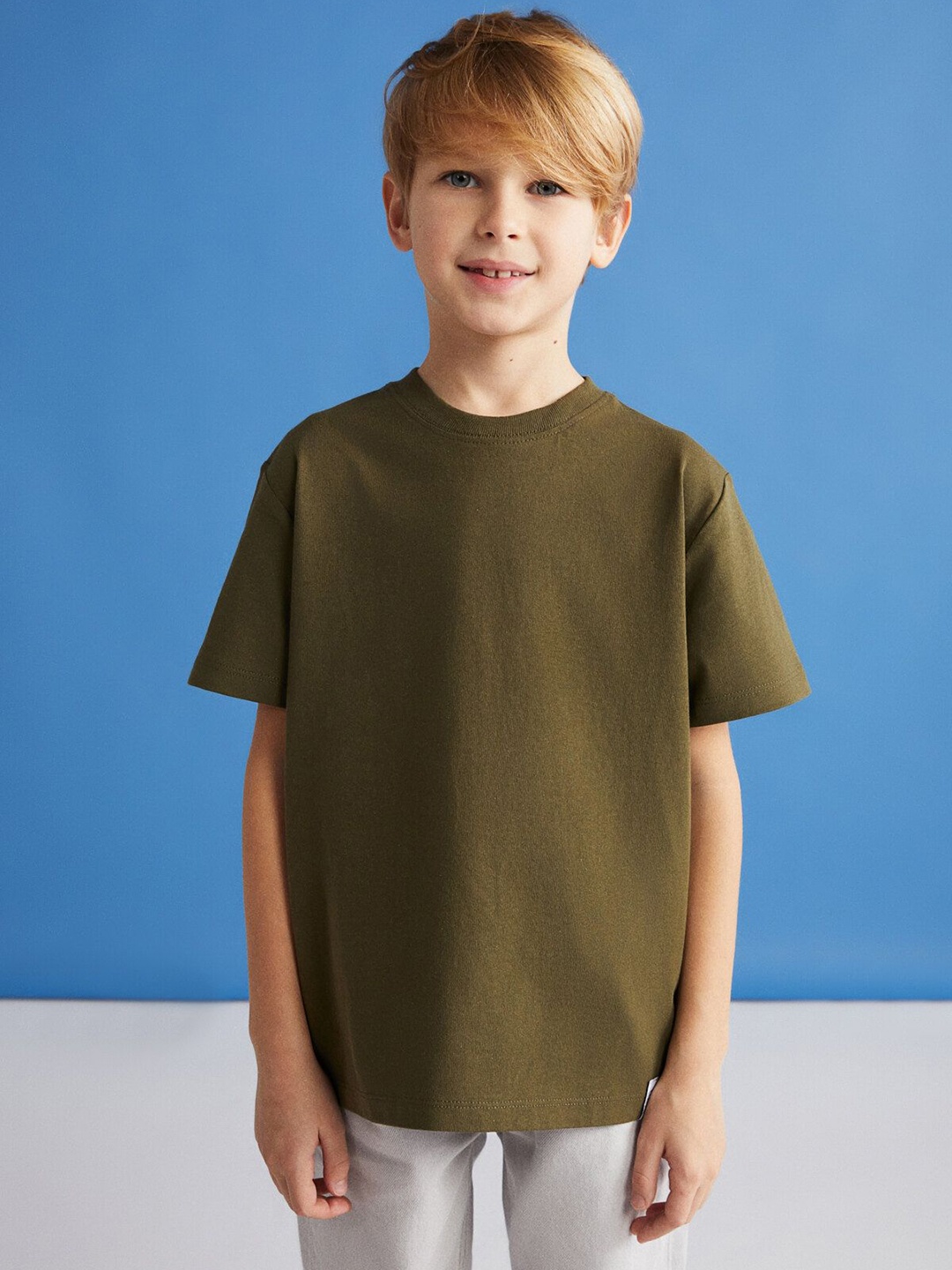 

GRIMELANGE Unisex Kids Solid Round Neck Cotton T-shirt, Green