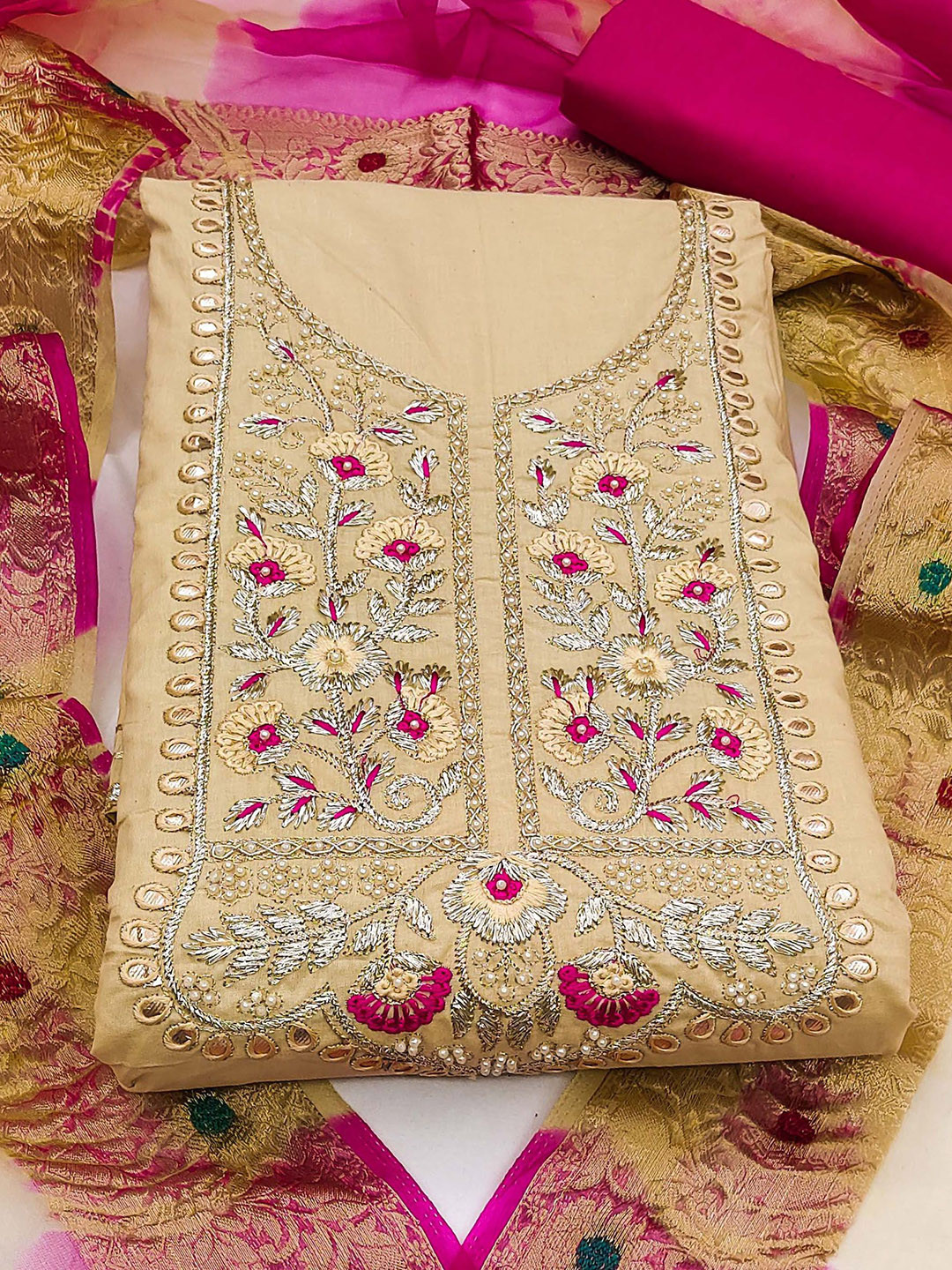 

Ishin Ethnic Motifs Embroidered Thread Work Unstitched Dress Material, Beige