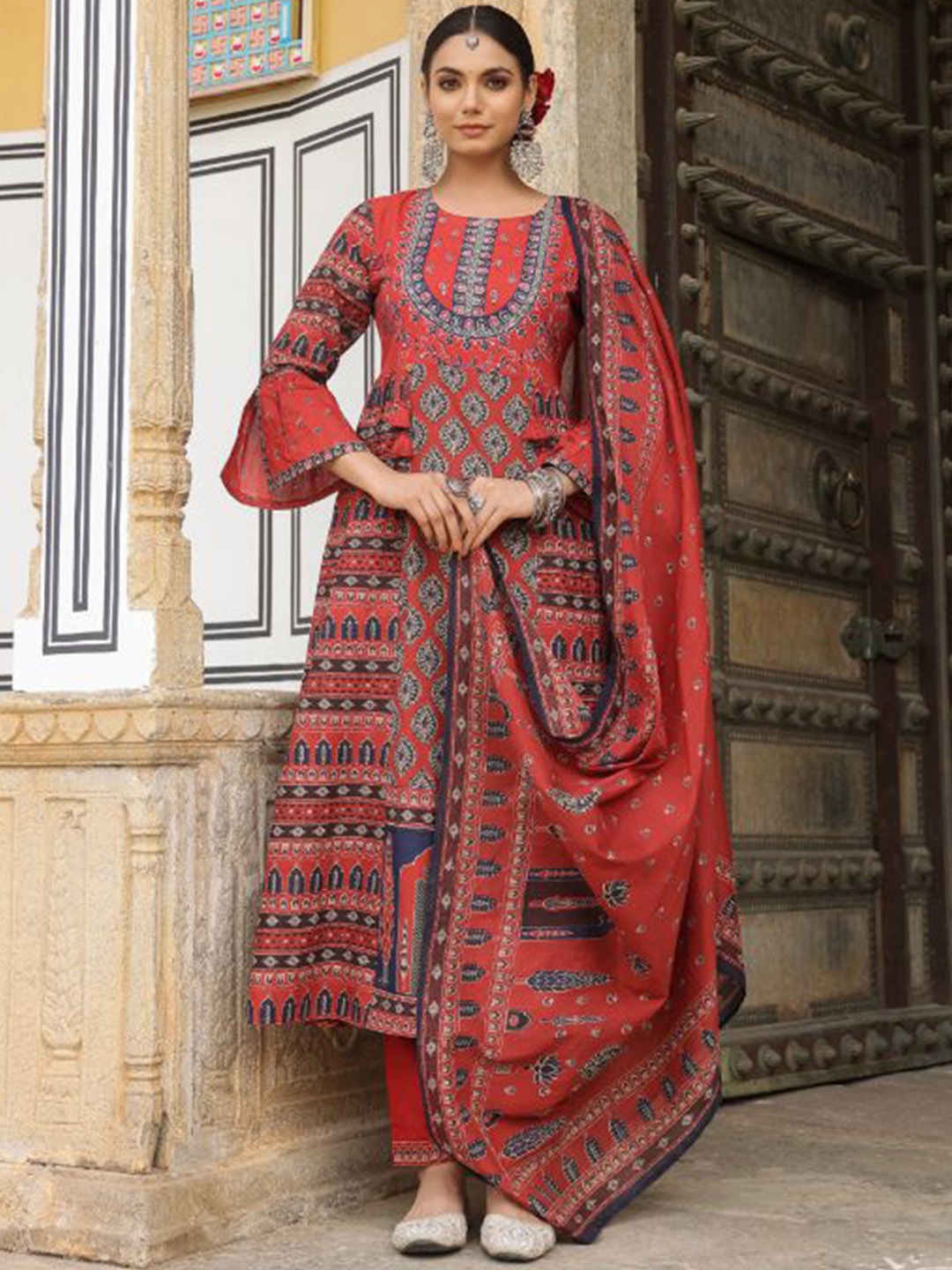 

KALINI Ethnic Motifs Printed Pure Cotton Kurta with Trousers & With Dupatta, Maroon