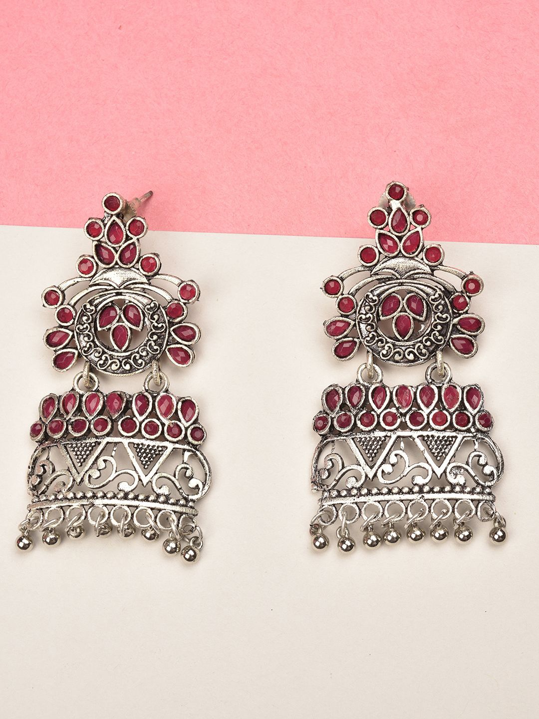 

Jaipur Folk Silver Plated Rhinestone Studded Oxidised Drop Earrings