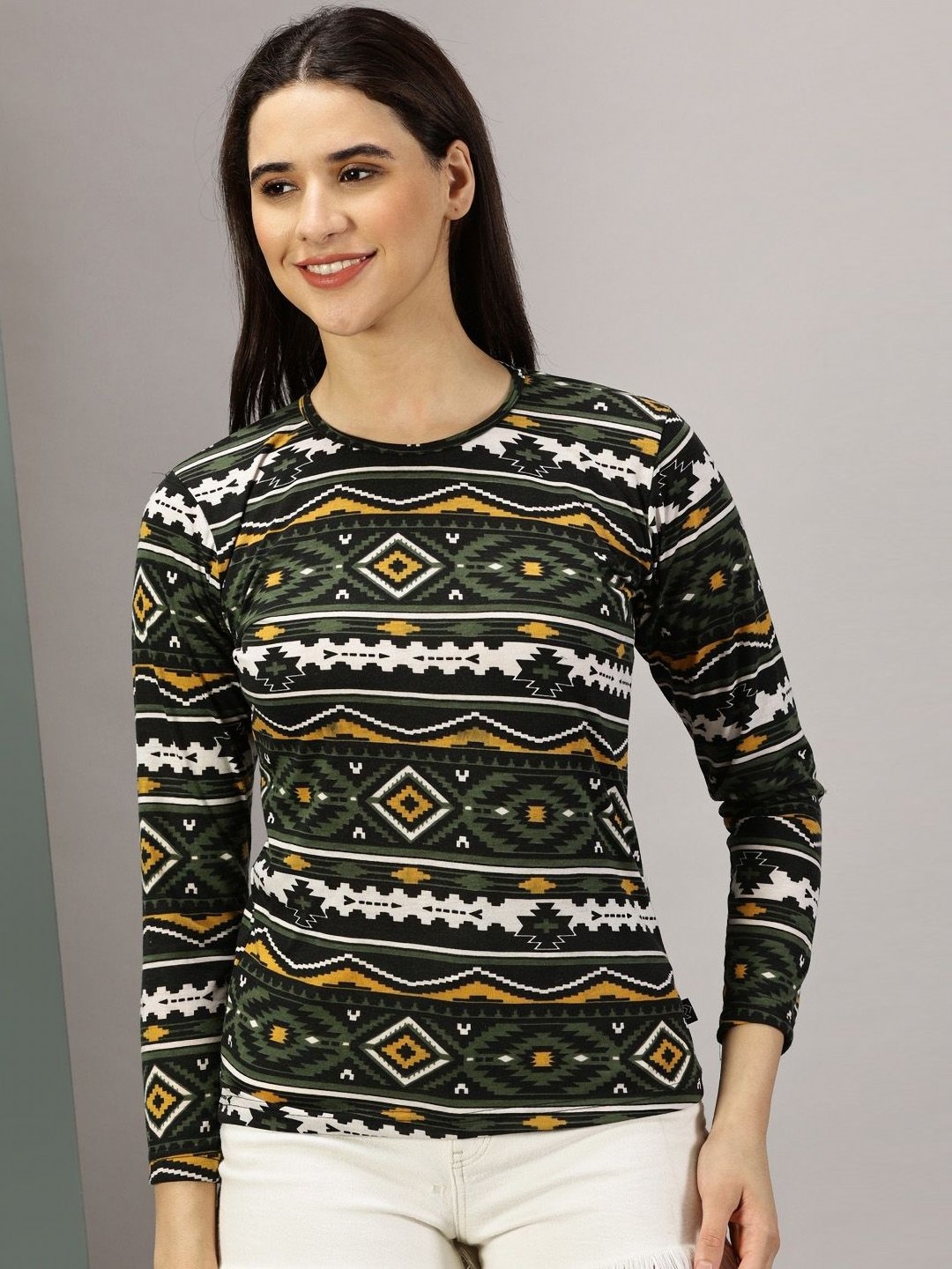 

Rodzen Women Abstract Printed Round Neck Cotton T-shirt, Green