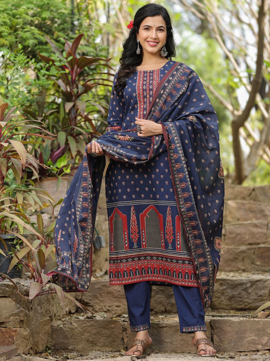 

Kiana Floral Printed Pure Cotton Straight Kurta With Trousers & Dupatta, Blue