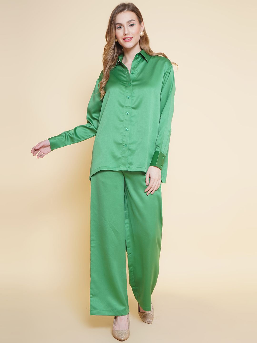 

KATLINE Long Sleeves Satin Shirt With Trousers, Green