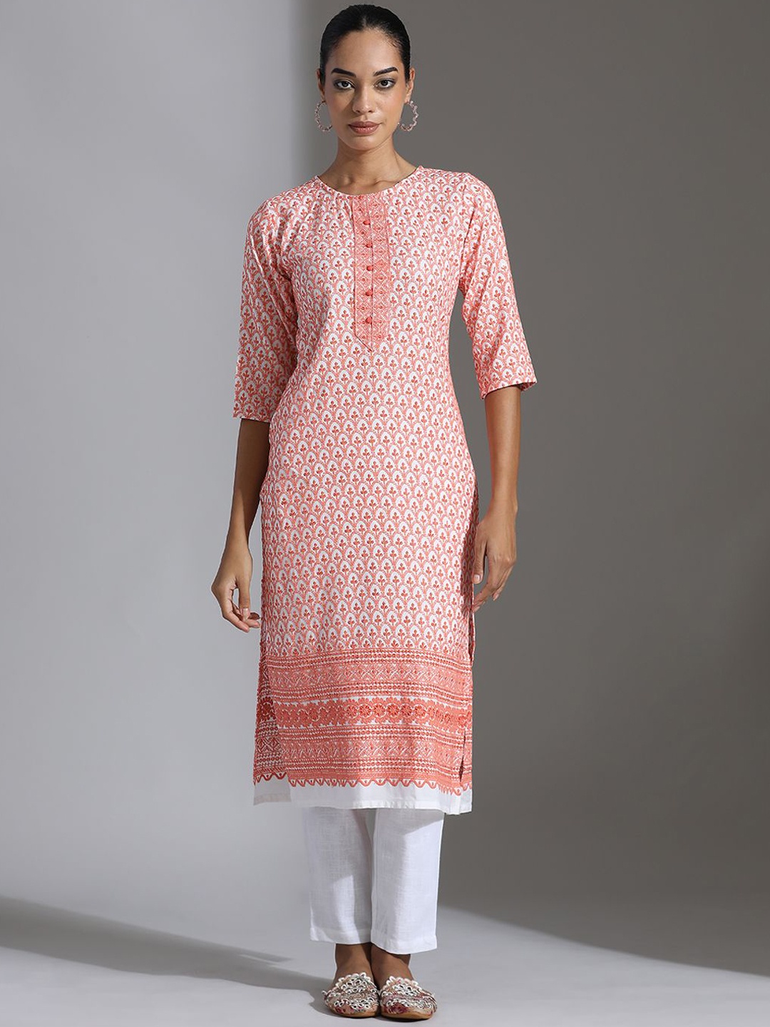 

Jaipur Kurti Floral Embroidered Straight Kurta, Orange