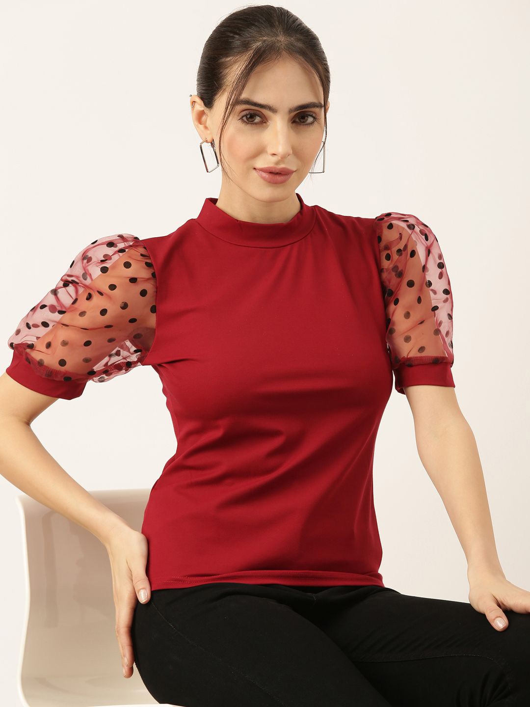 

SHOWOFF Choker Neck Puff Sleeve Top, Maroon