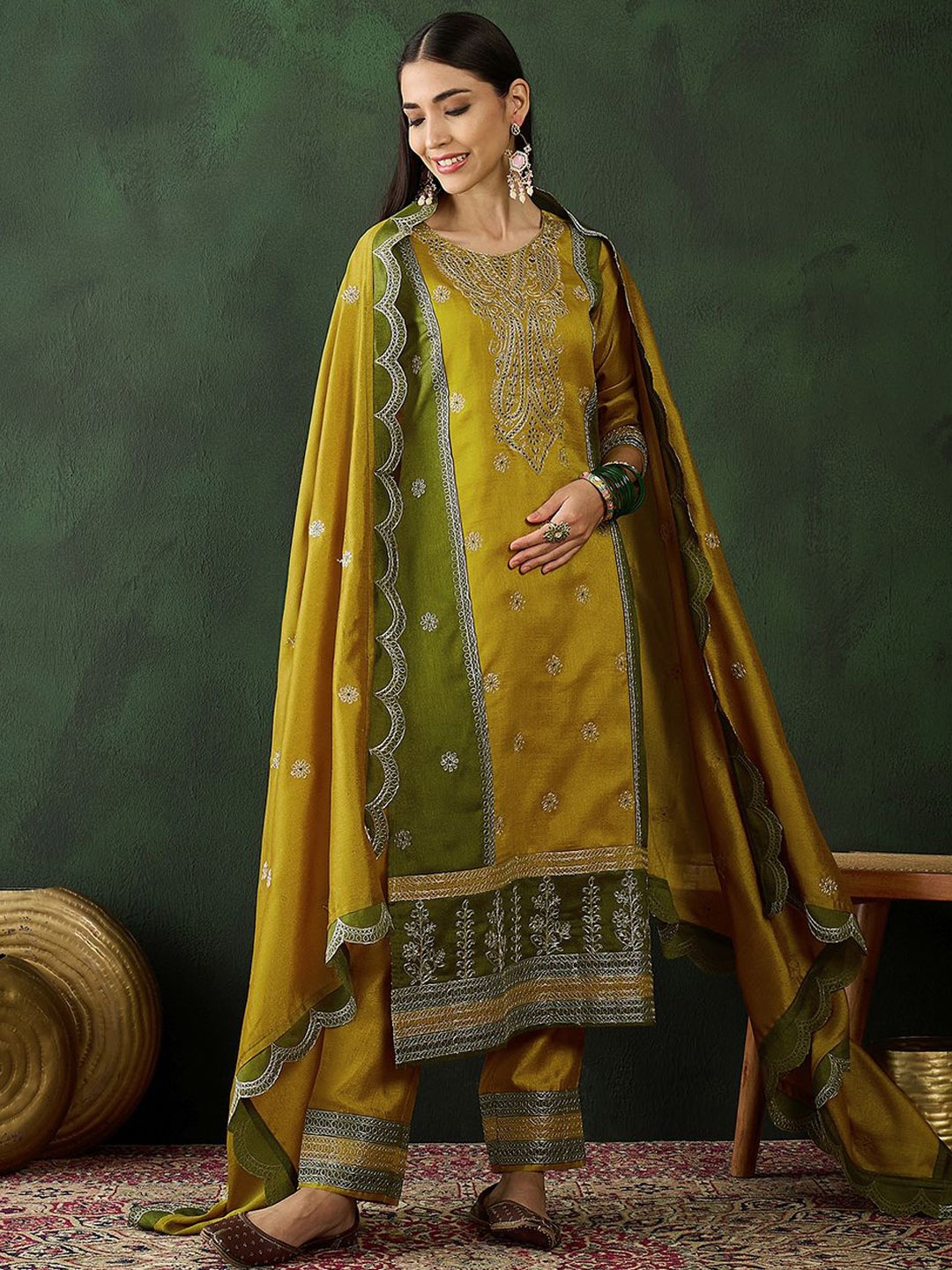 

Sangria Paisley Embroidered Regular Kurta With Trousers & Dupatta, Mustard