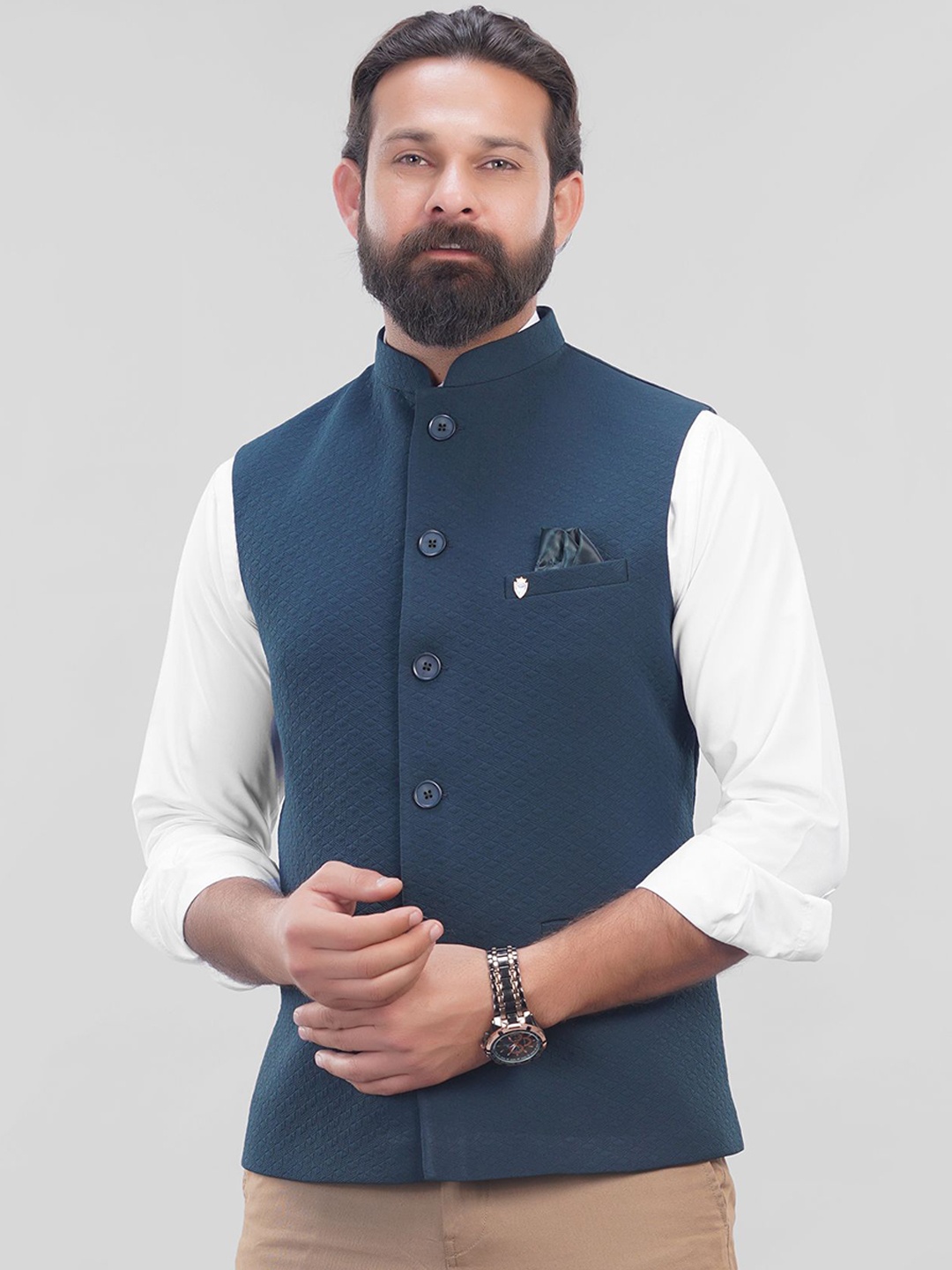 

LA'SCOOT Printed Mandarin Collar Nehru Jacket, Green