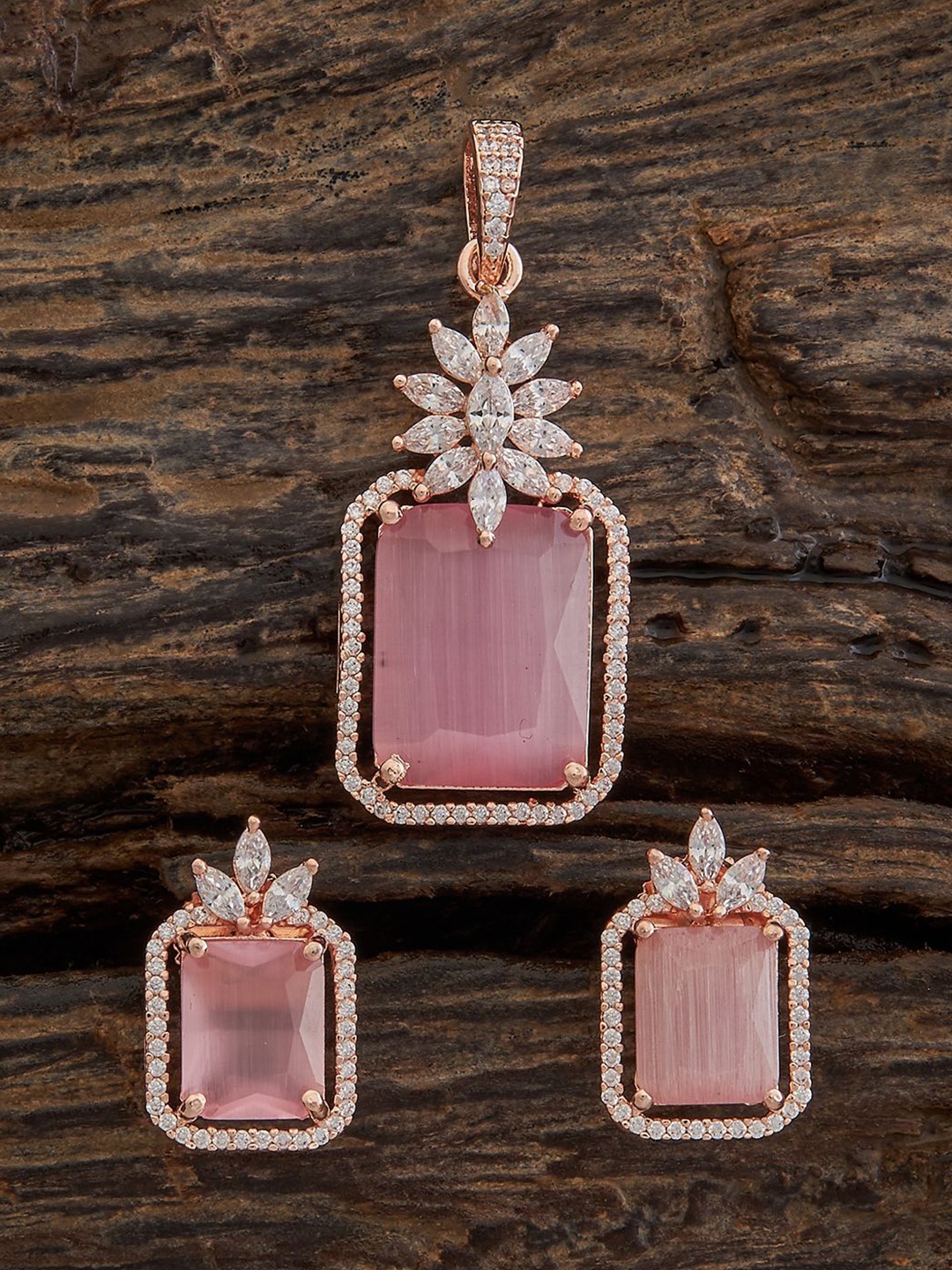 

Kushal's Fashion Jewellery Rose Gold-Plated Cubic Zirconia Studded Pendant and Earrings