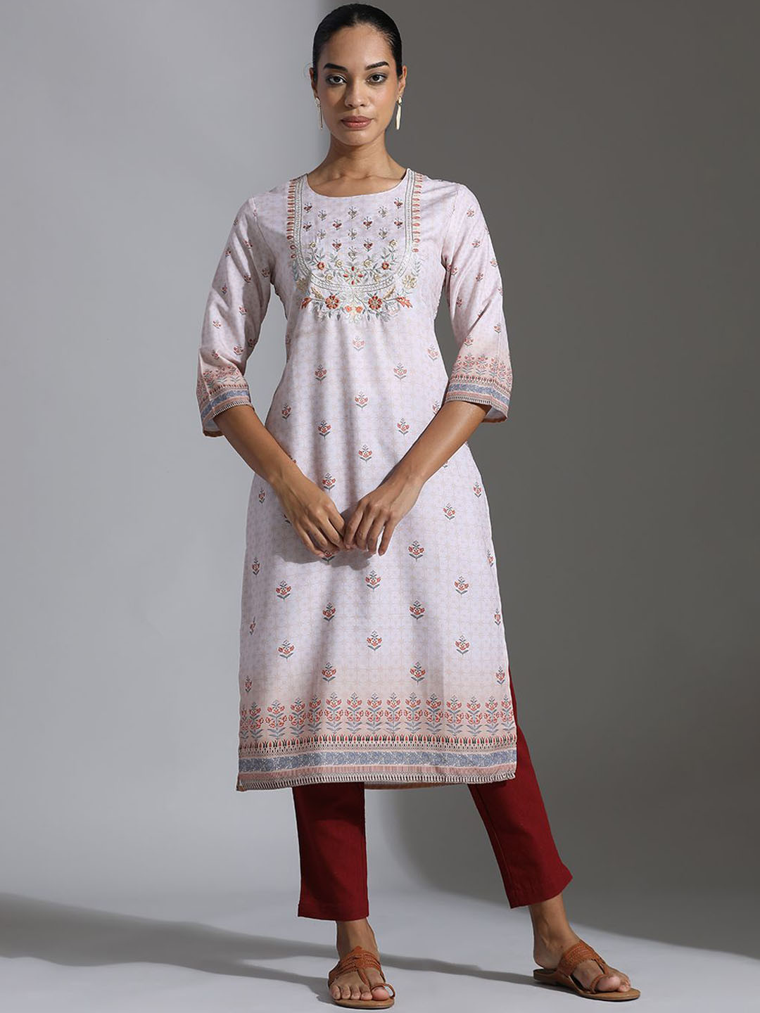 

Jaipur Kurti Floral Printed Straight Kurta, Beige