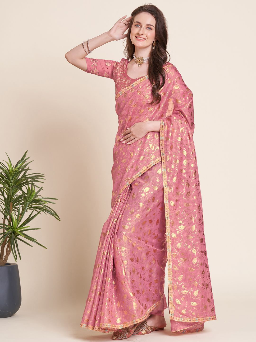 

KALINI Ethnic Motifs Embellished Saree, Pink