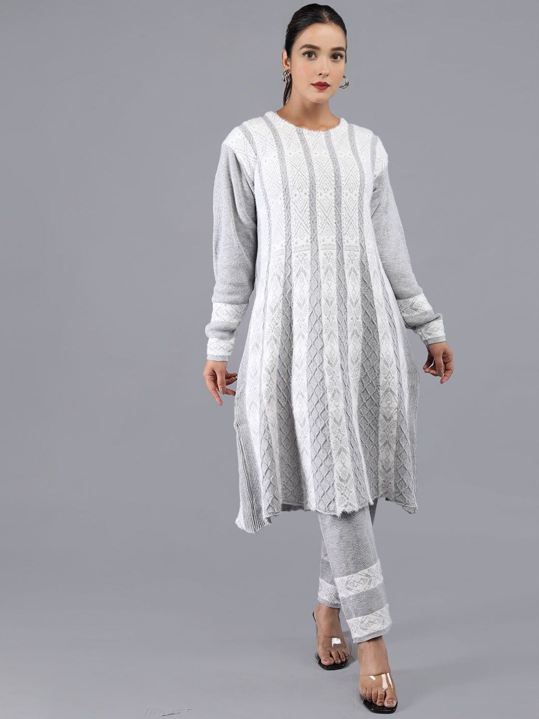 

TYSORT Ethnic Motifs Woven Design Knitted Weave A-Line Kurta With Trouser, Grey