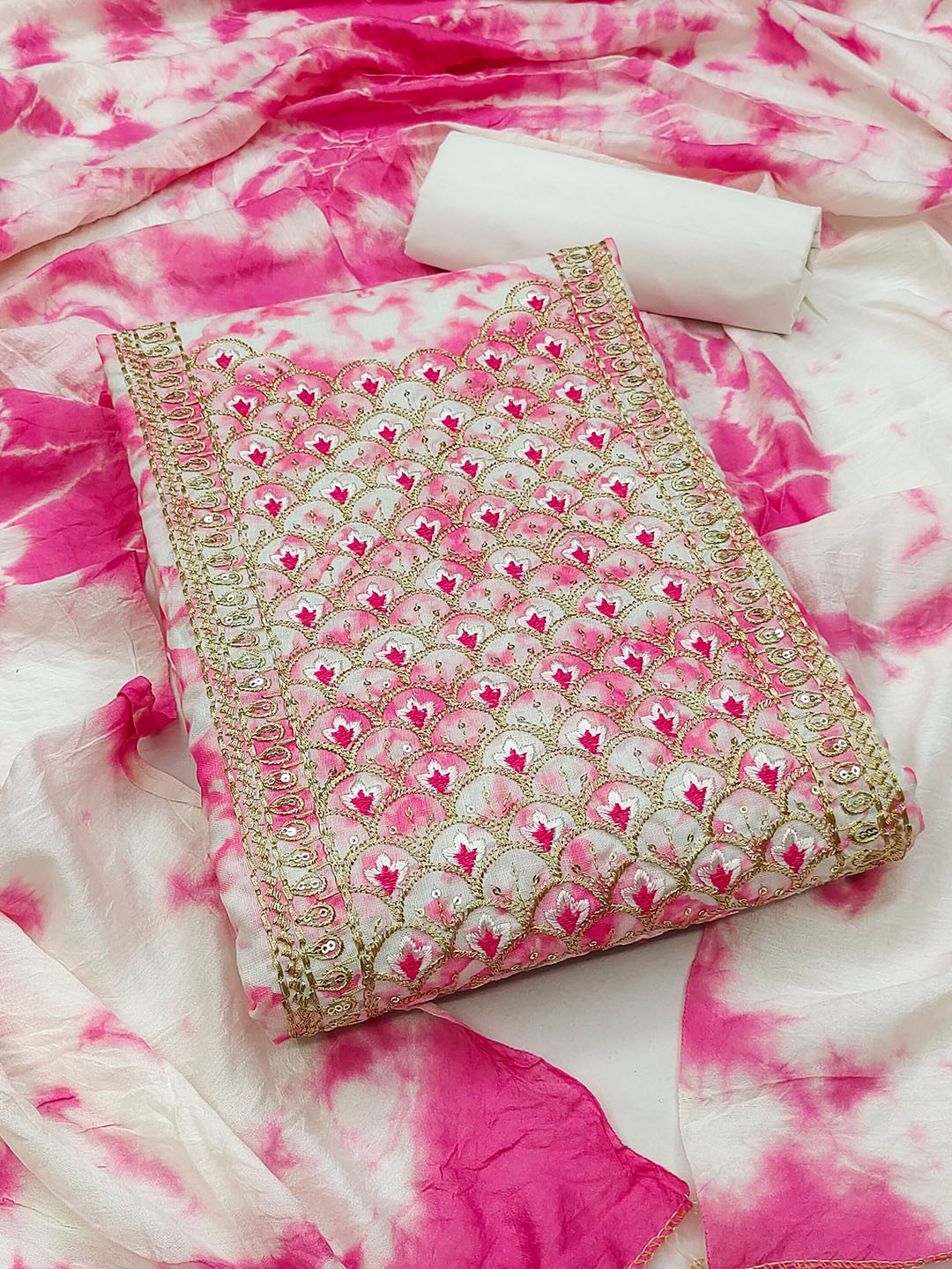 

Ishin Floral Embroidered Zari Work Pure Cotton Unstitched Dress Material, Pink