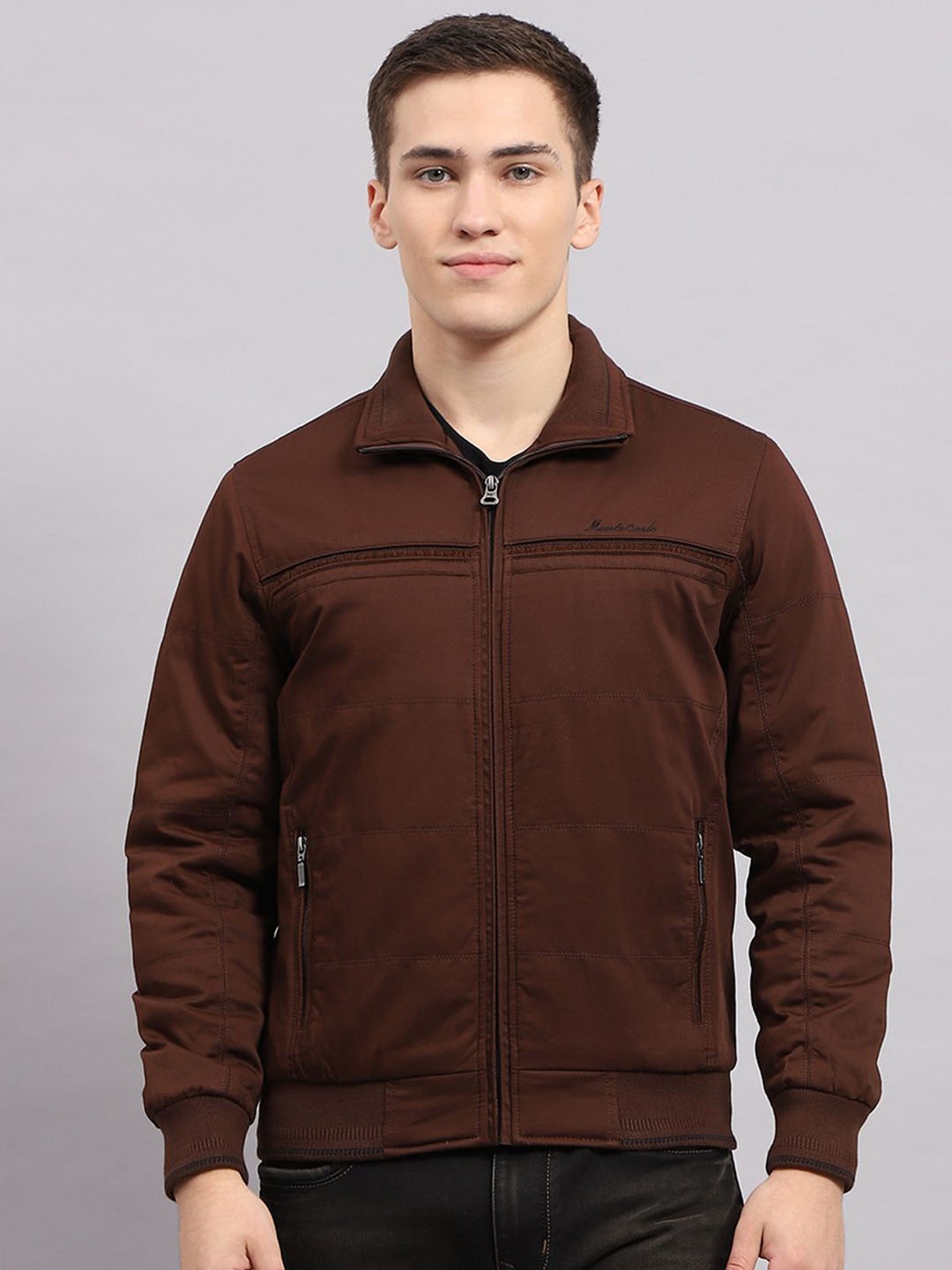 

Monte Carlo Men Solid Mock Collar Bomber Jacket, Brown