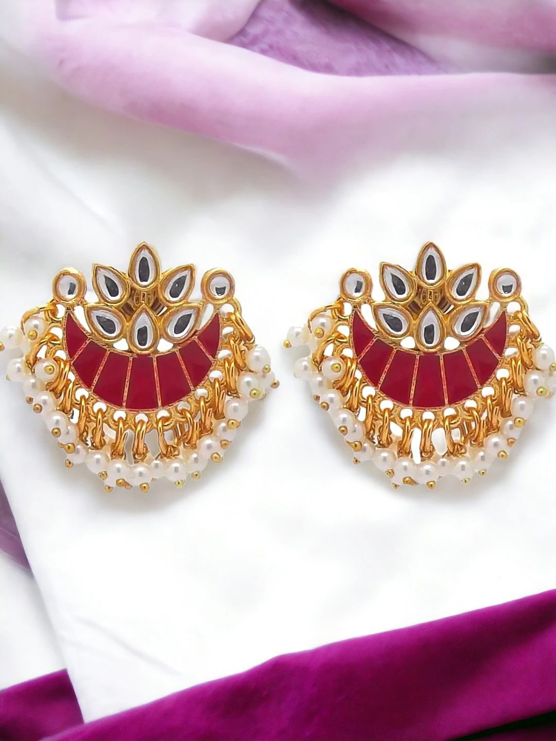

9blings Gold Plated Stone Beaded Crescent Shaped Meenakari Chandbalis