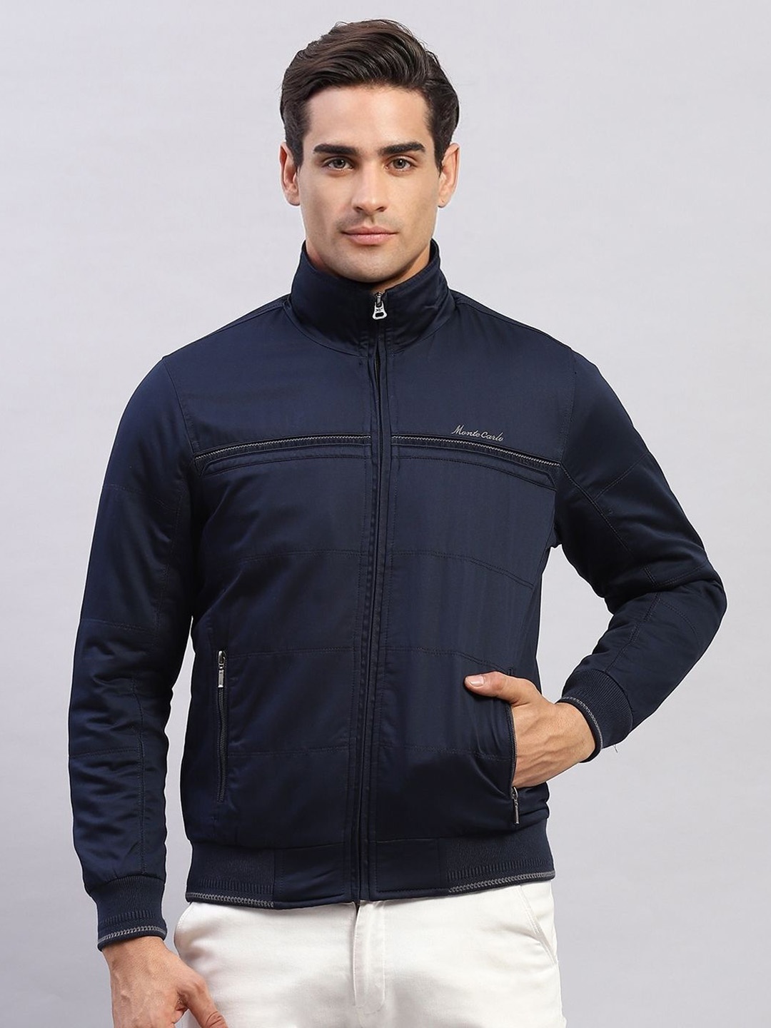 

Monte Carlo Men Solid Mock Collar Bomber Jacket, Navy blue