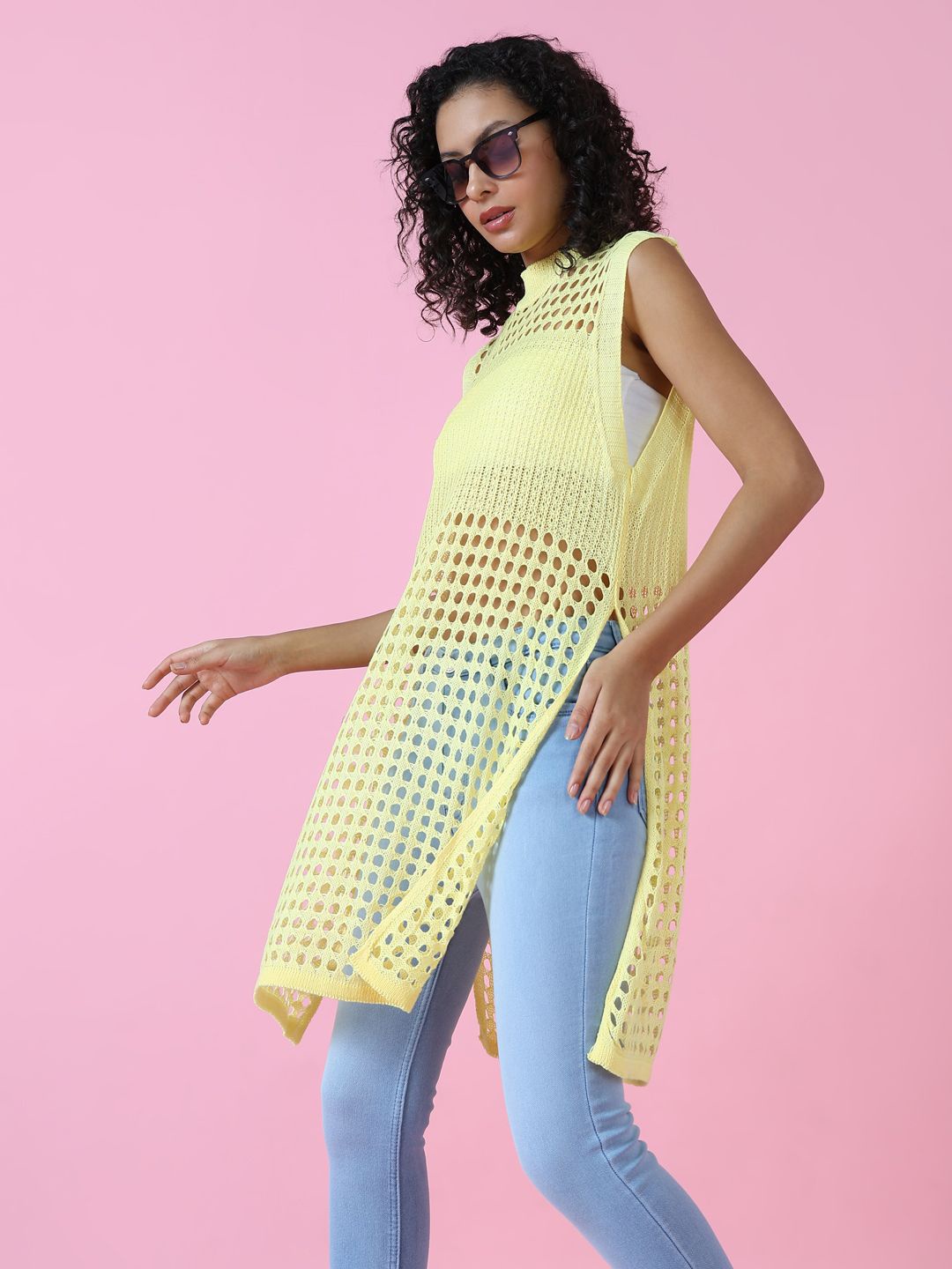 

SHOWOFF Sheer Crochet Longline Top, Yellow