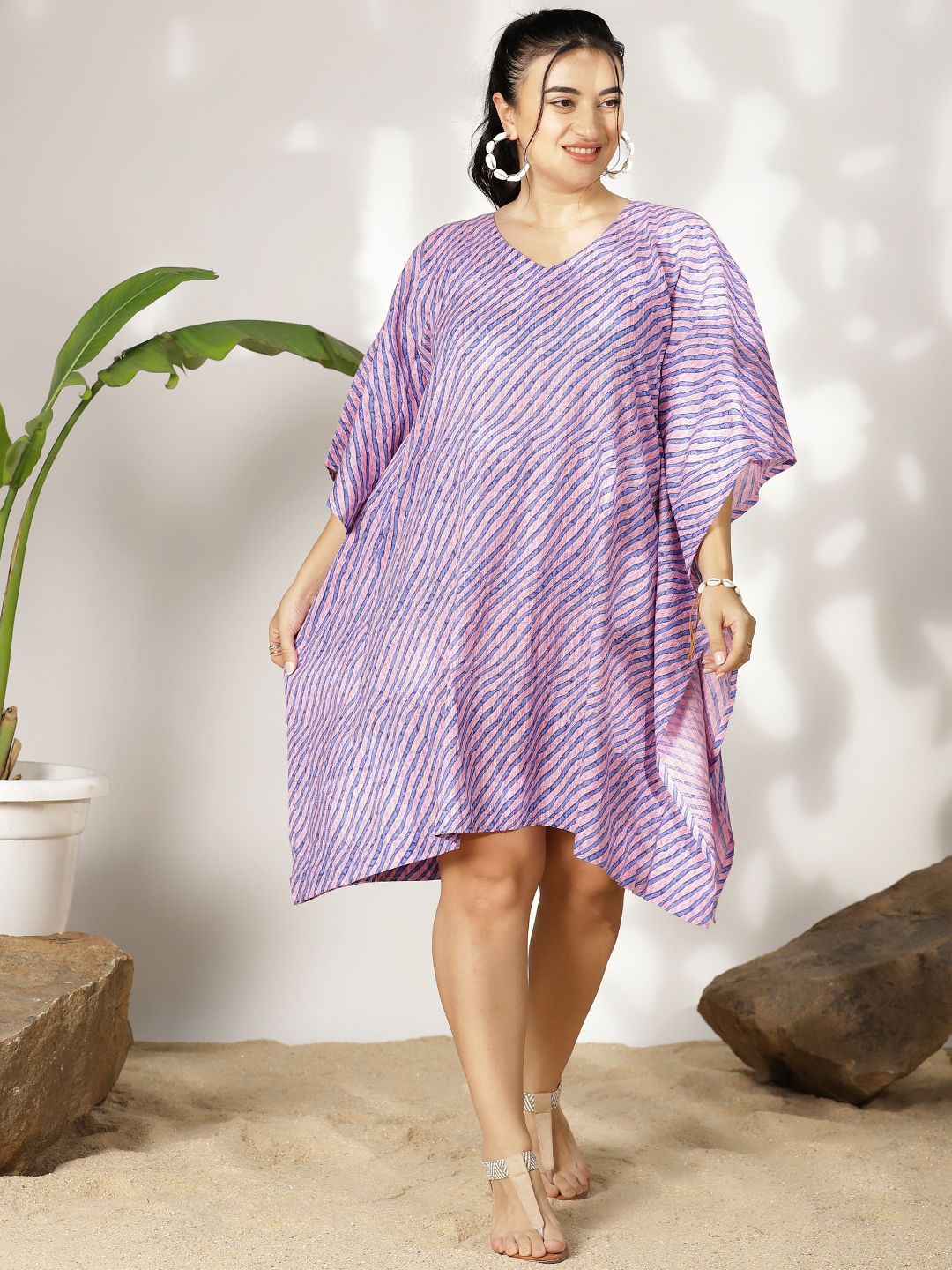 

LetsDressUp Women Striped Extended Sleeves Kaftan Dress, Lavender