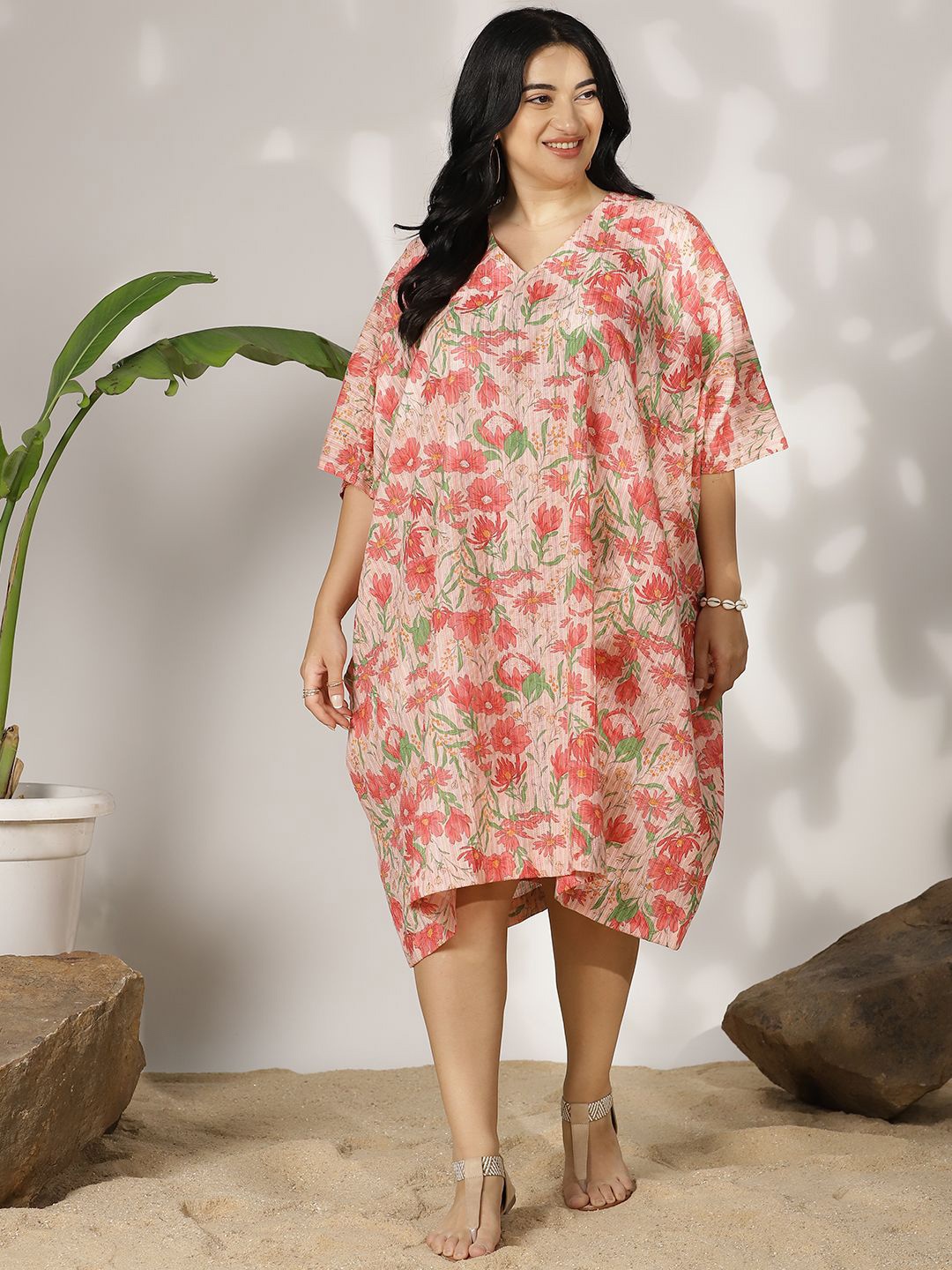 

LetsDressUp Women Floral Printed Cotton Kimono Sleeves Kaftan Dress, Pink