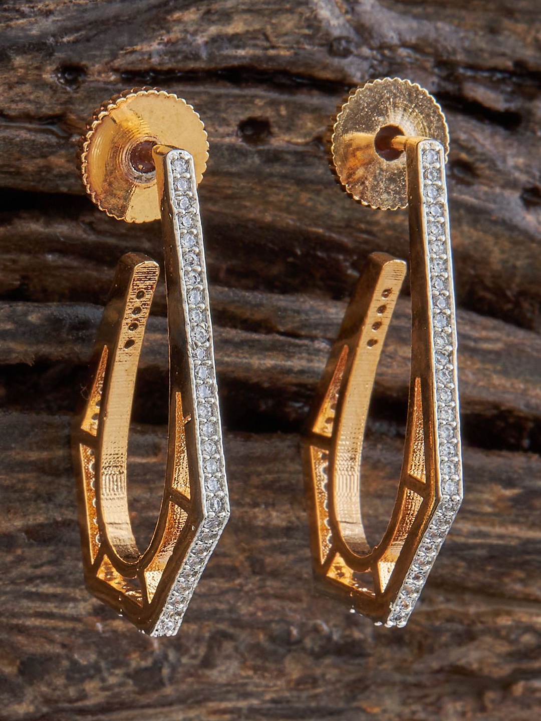 

Kushal's Fashion Jewellery Rhodium-Plated CZ Studded Geometric Half Hoop Earrings, Silver