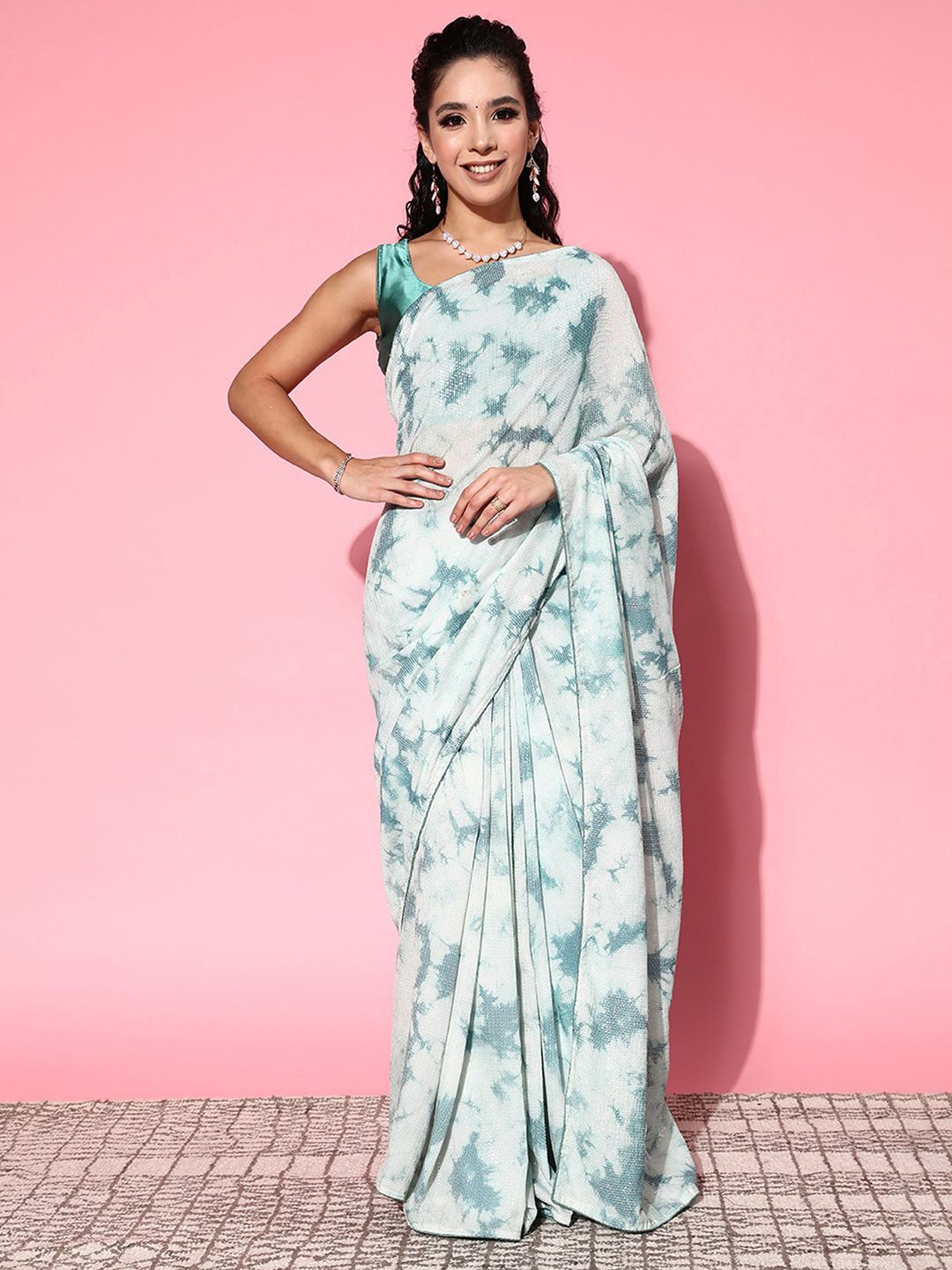 

KALINI Tie and Dye Printed Saree, Teal