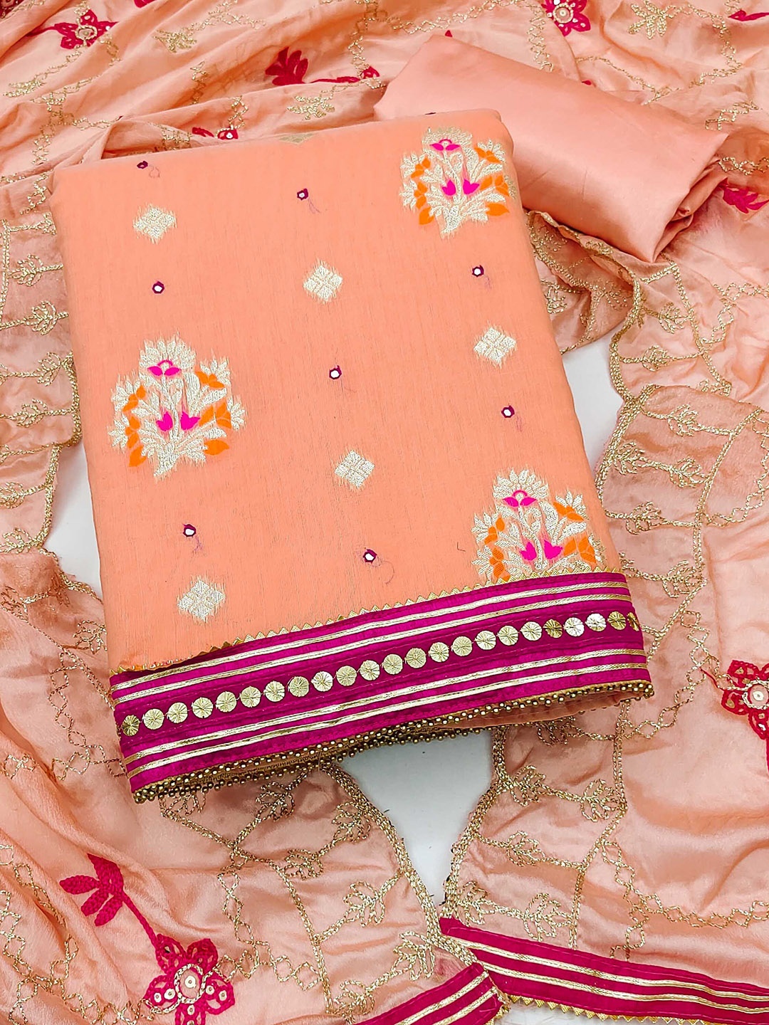 

Ishin Ethnic Motifs Woven Design Mirror Work Unstitched Dress Material, Peach