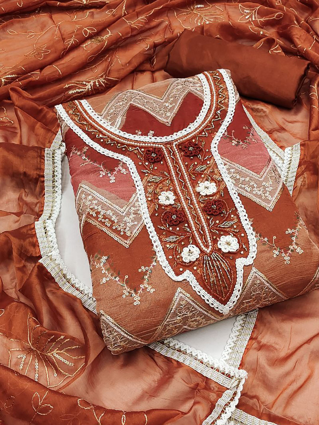 

ASISA Floral Embroidered Sequinned Organza Unstitched Dress Material, Brown