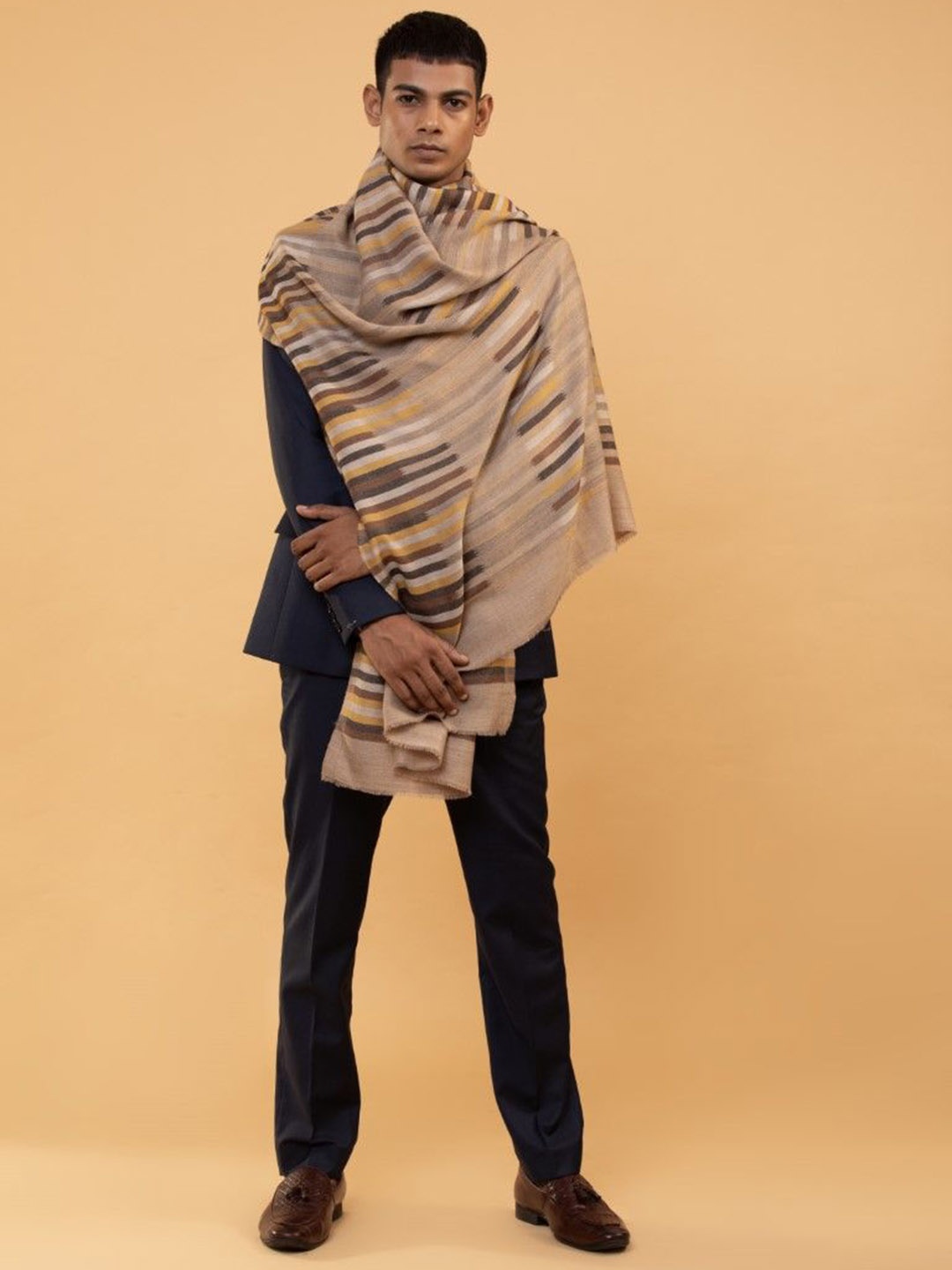 

MODARTA Elegant Moonlight Striped Fringed Border Shawl, Beige