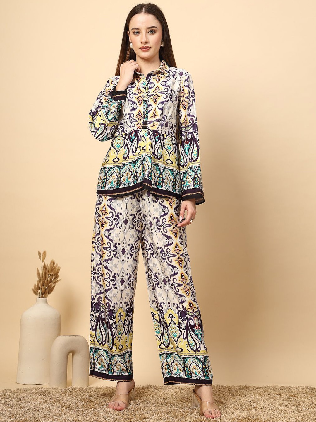 

Gipsy Ethnic Motifs Printed Top With Trousers, Purple