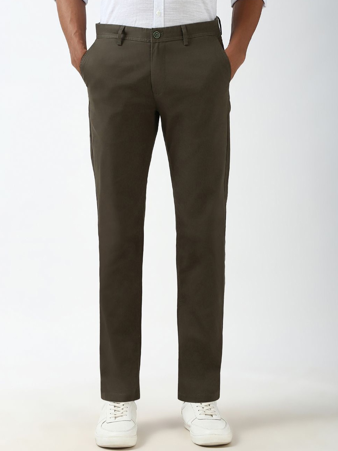 

Peter England Casuals Men Slim Fit Formal Trousers, Green