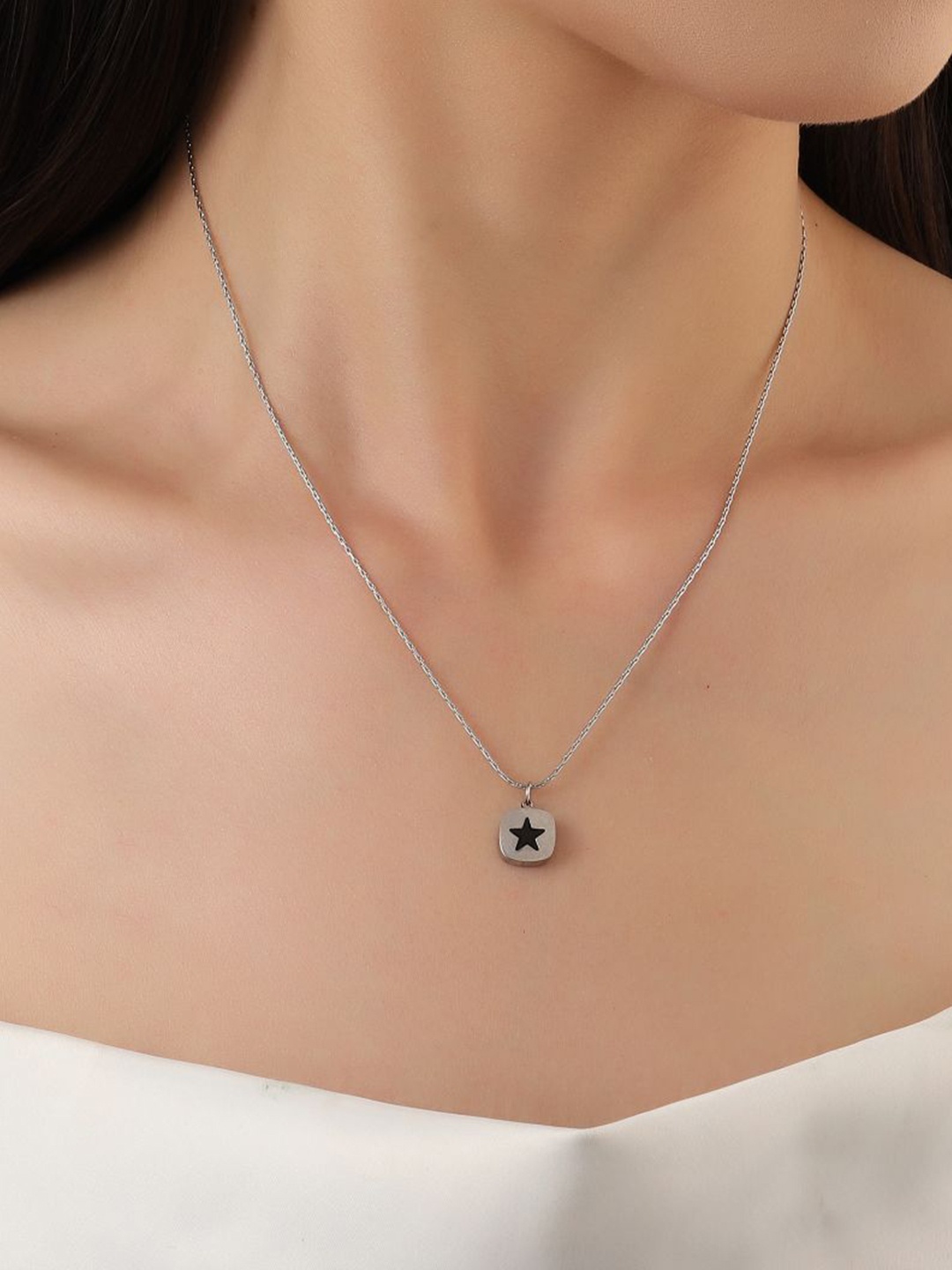 

SALTY Bold Black Star Stainless Steel Pendant with Chain, Silver