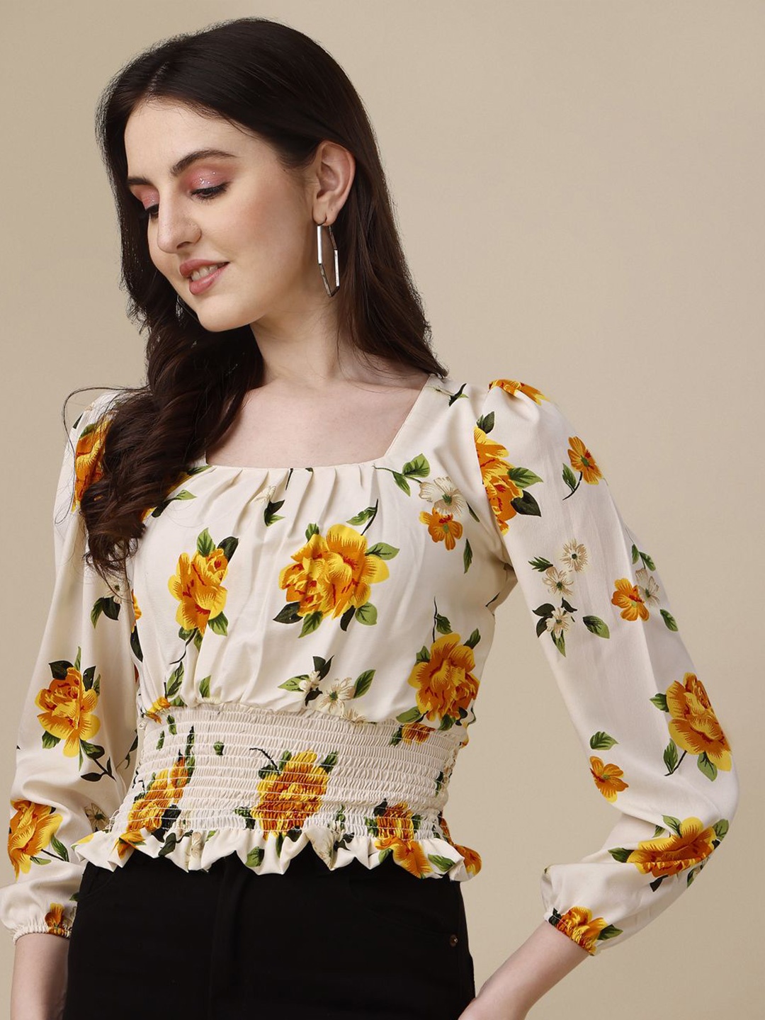 

BEBE UNICORN Floral Print Puff Sleeve Top, Yellow